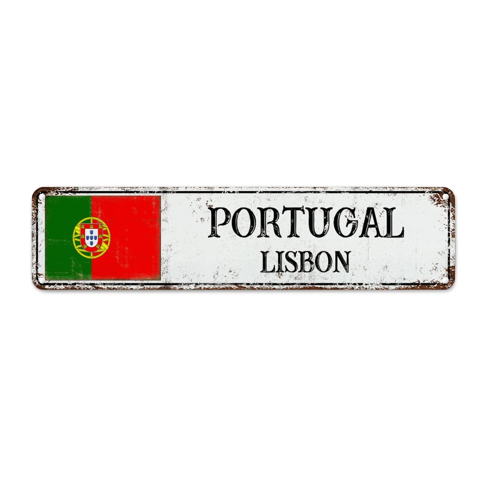 WoGuangis Portugal Souvenir Vintage Farmhouse Signs Lisbon Metal Signs Country Flag City Souvenir Metal Plaque Sign Quality Aluminum Sign for Front Porch Laundry Room 12X3In