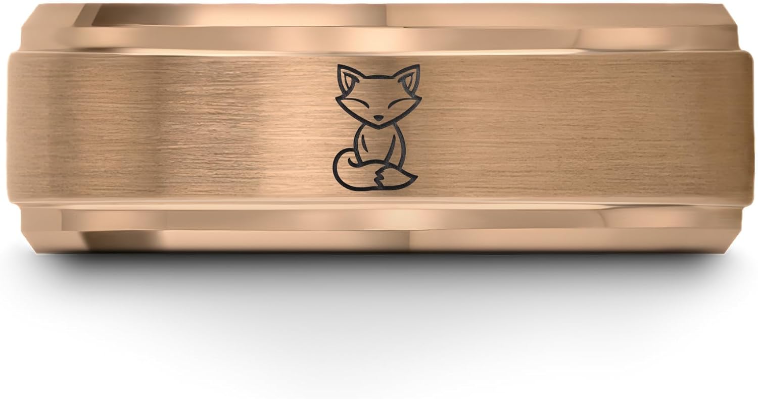 Fox Ring - Gift for Nature Fans - 8mm - Flat Dome Bevel - Brushed Polished - Band - Yellow Rose Gold Black Gunmetal Silver - Men Women - Tungsten - Anniversary Wedding - Personalized Custom Engraving