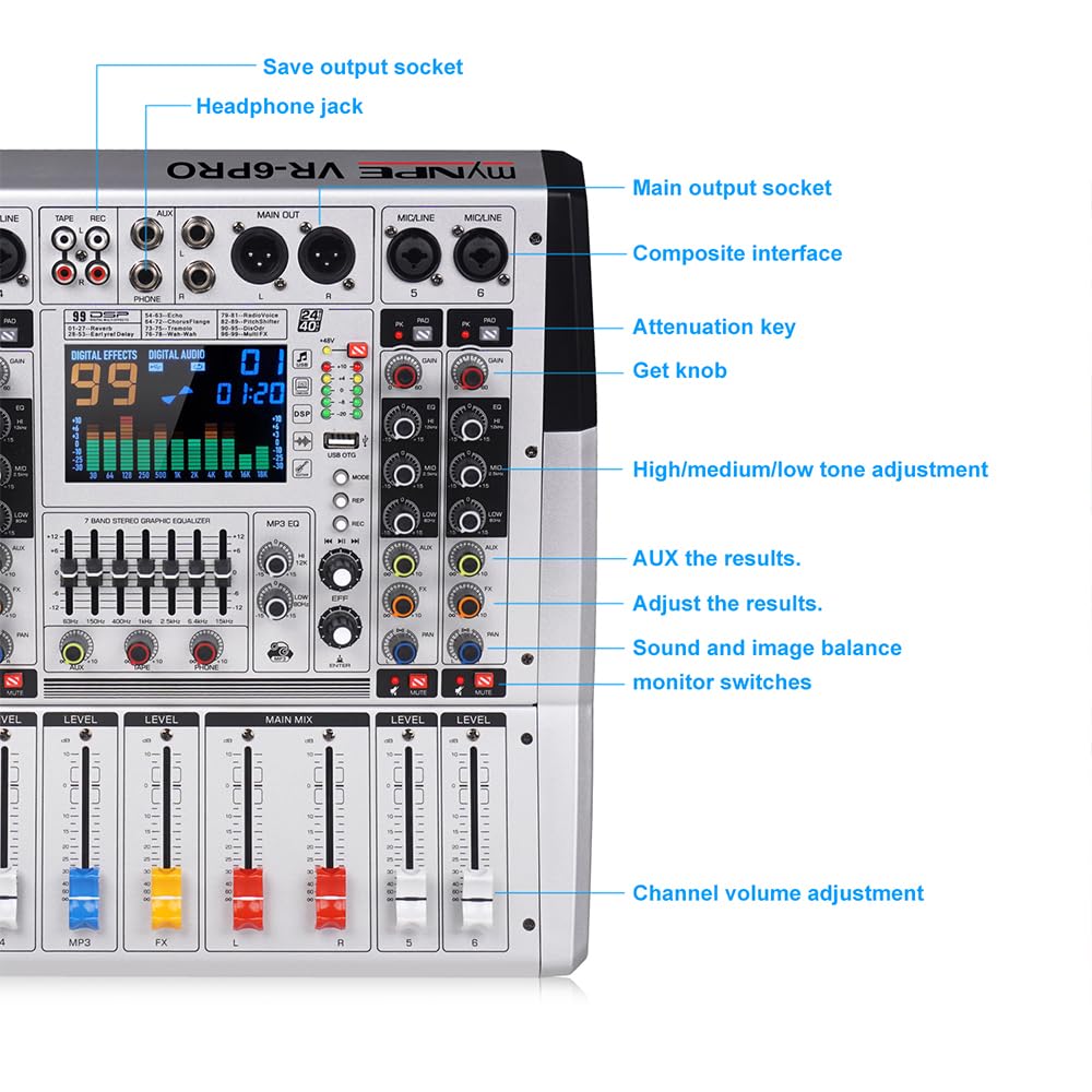 VR-6 PRO Mixer Audio - Amplificatore ad Alta Potenza da 550W x 2, 99 Effetti DSP, Console DJ Audio Bluetooth, Display a Grande Schermo Spettro, Tuner DJ con Riduzione Intelligente del Rumore