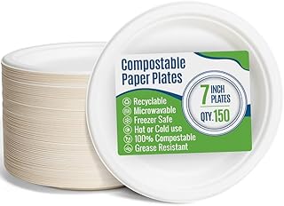 7 Inch 100% Compostable & Biodegradable Paper Plates [150 Count] - Heavy-Duty, Natural Disposable Bagasse Plate, Eco-Frien...