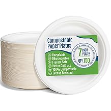 White Paper Plates, 7 Inch, 150 Count - Food Grade Sugar Cane Fiber, Compostable & Biodegradable, Microwavable, Hot & Cold Resistant, Heavy Duty Disposable Plates Bulk