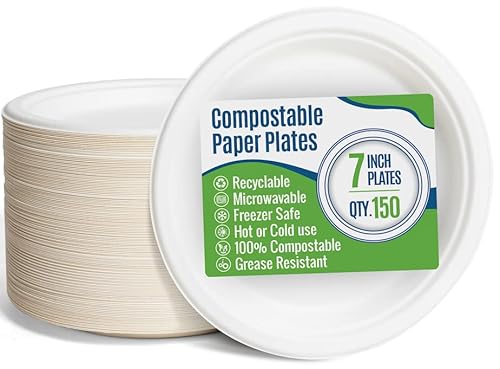 Paper Plates 7 Inch [150 Count] White Heavy-Duty - Microwavable, Hot & Cold, Sturdy Grease Resistant, Eco-Friendly, Food Grade Sugar Cane Fiber #TOP21