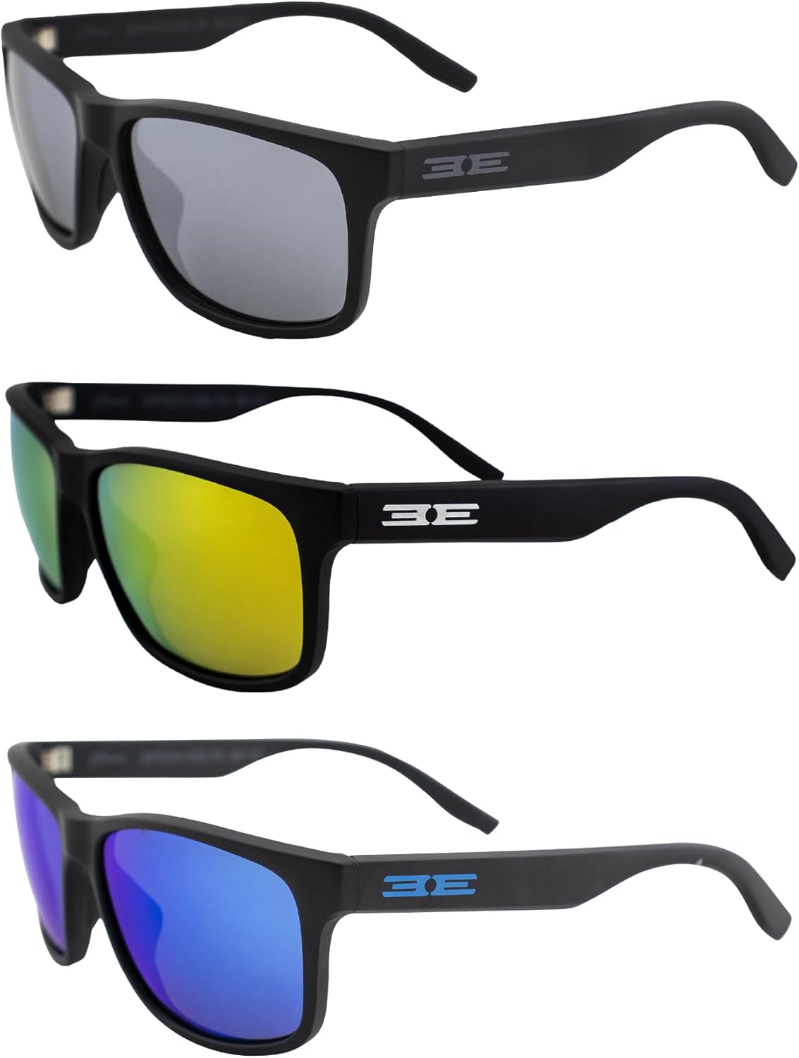Epoch Eyewear Delta Golf Sport Sunglasses – 3-Pack Polarized Riding Sunglasses with Black Frames – Smoke, Yellow Mirror & Blue Lenses – Scratch-Resistant, UV400 Protection