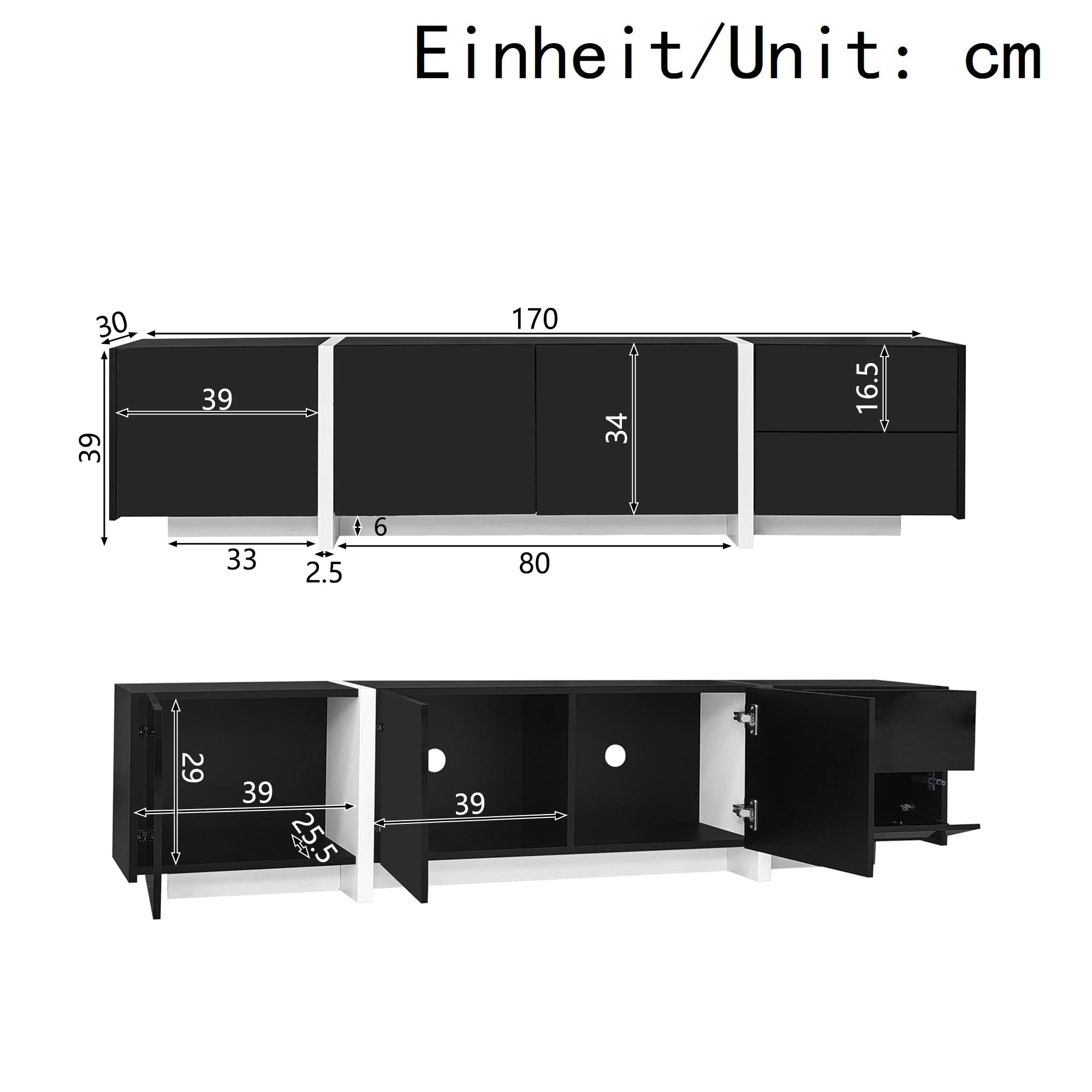 Meuble TV avec Bande Lumineuse LED Portes et tiroirs pour Salon Salle à Manger Chambre à Coucher Low Board avec Rangement Meubles Bas TV Table Noir