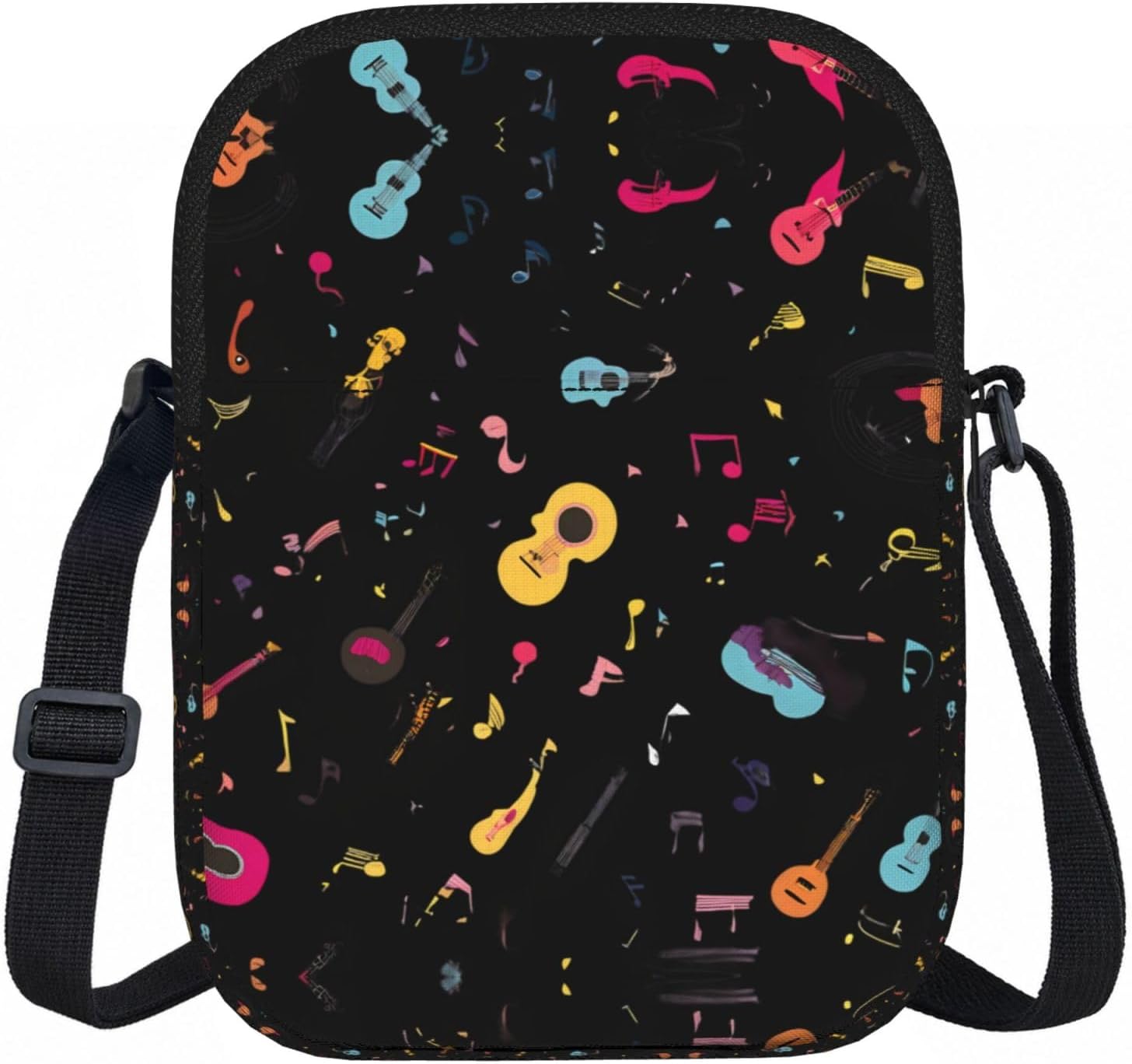 Colorful musical instruments Printed Zipper Crossbody Bag - Small Shoulder Bag with Adjustable Strap - Portable Travel Work Gift Bag for Women Men