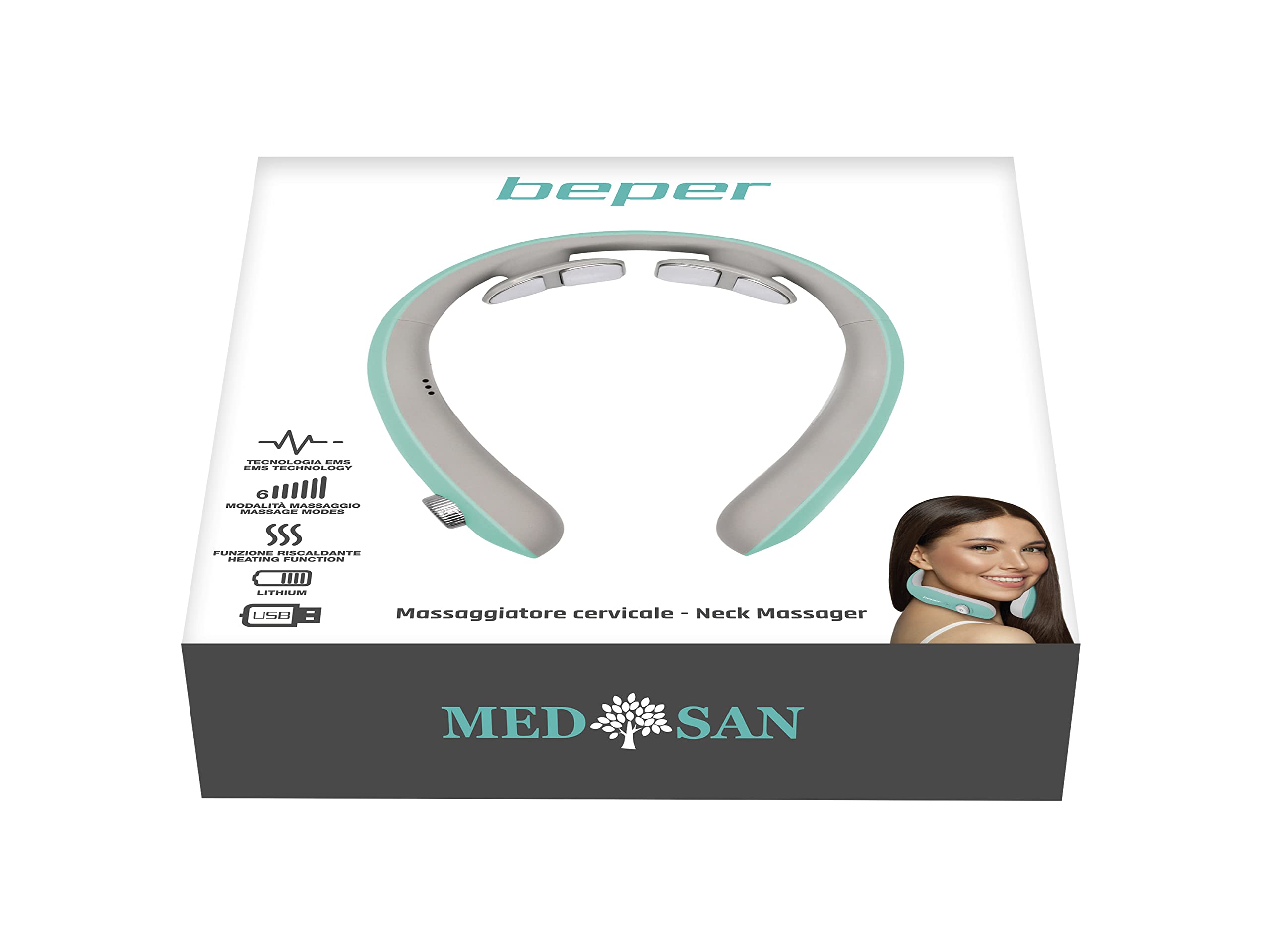 BEPER P302MAS100 Massaggiatore Cervicale, Massaggiatore Collo, 6 Modalità, Intensità regolabile, Funzione Riscaldamento, Ricaricabile, USB Incluso