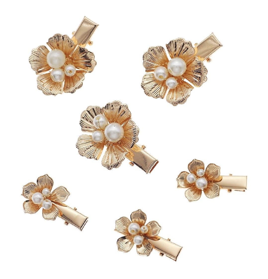 6PCS Small Flower Alligator Hair Clips Gold Hair Barrettes Pearl Hair Pins Floral Headpiece Hair Accessories for Girls Women