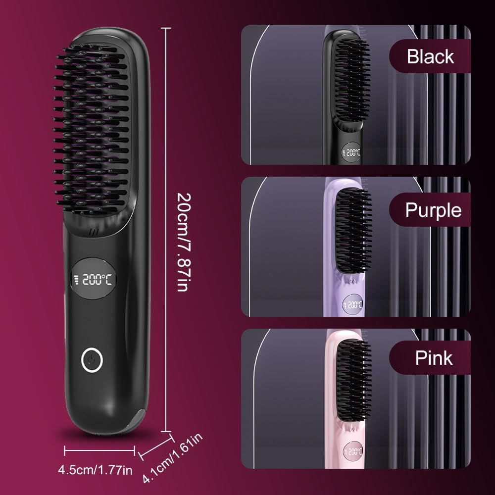 GoBrush Pro for Short Hair,Portable Straightener Brushes for Travel,2026 gobrush pro Cordless Ceramic Hair Straightener with LCD Temperature Display,Fast Styling Brush (Purple)
