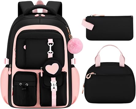 VIDOSCLA Kids Backpack for Girls Elementary Students BookBag School Bag for Kids A02# Black+Pink