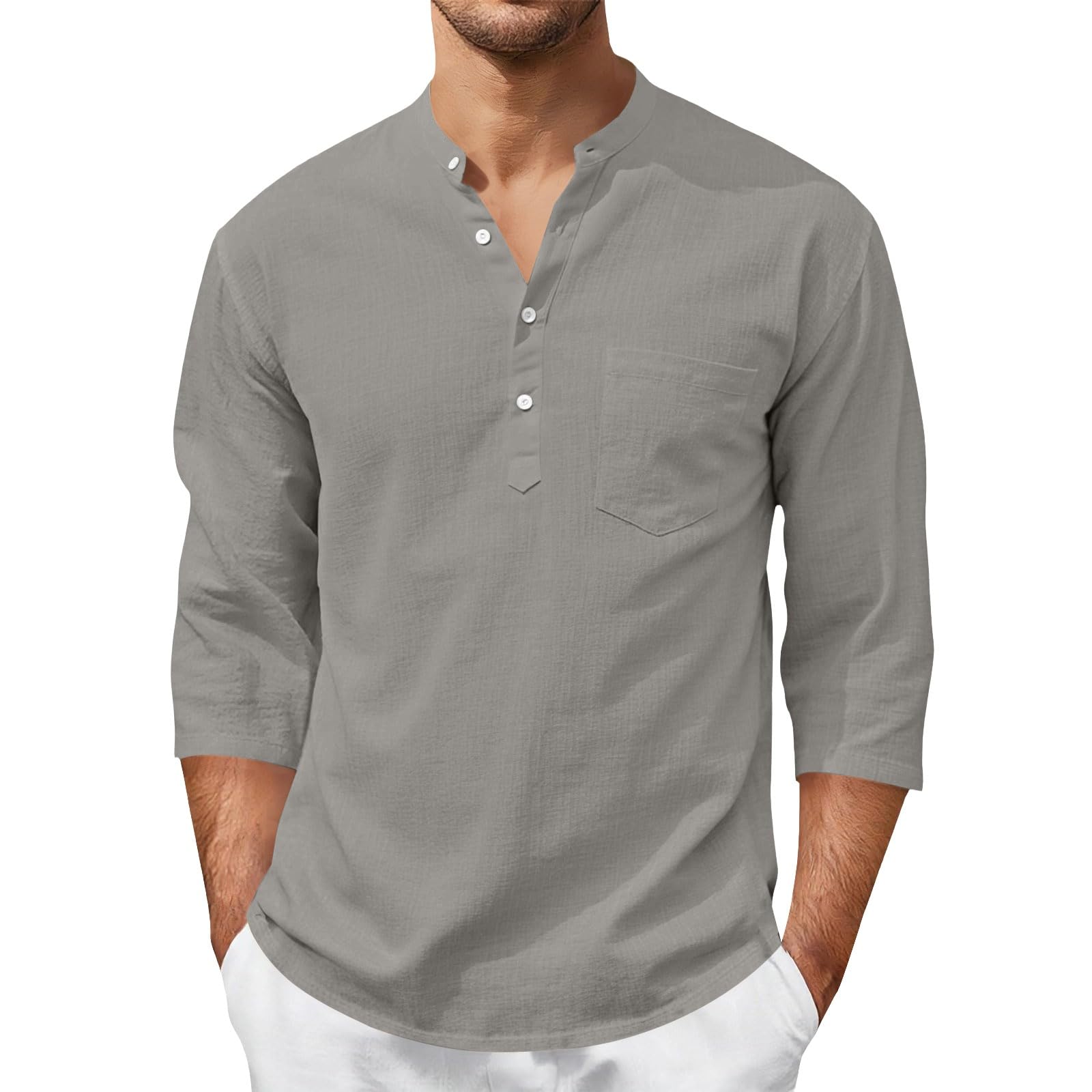 Chemise Homme Manches Trois-Quarts Col Tunisien Coton Lin - Coupe Décontractée Légère Été, Haut avec Poche Poitrine, Effet Texturé Respirant Infroissable