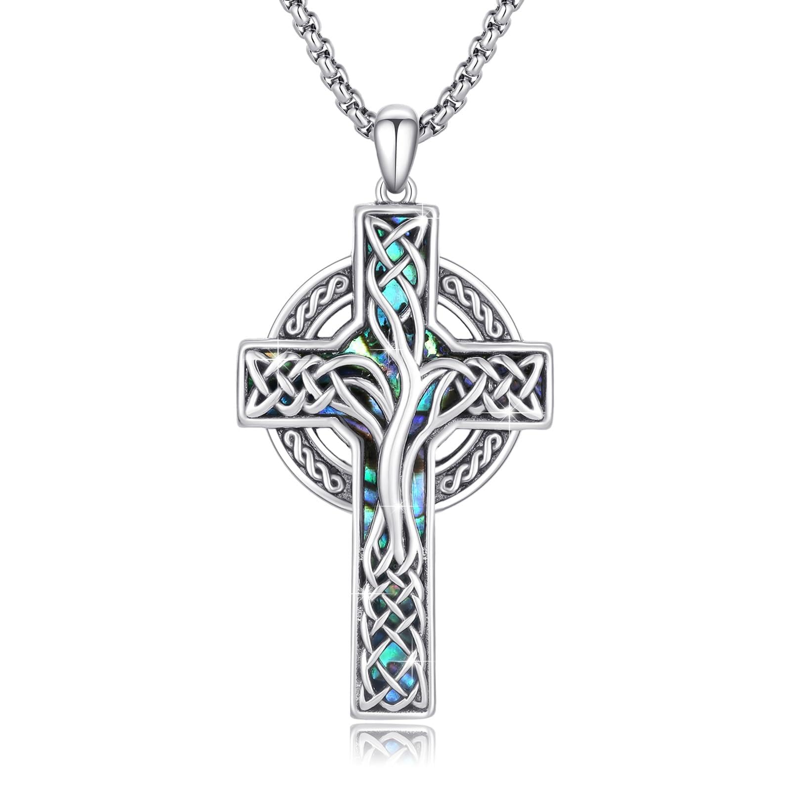 14K Gold Plating Celtic Cross Necklace 925 Sterling Silver Celtic Tree of Life cross pendant Abalone Shell Cross Necklac for Men Religious Protective Jewelry Gift For Men Women