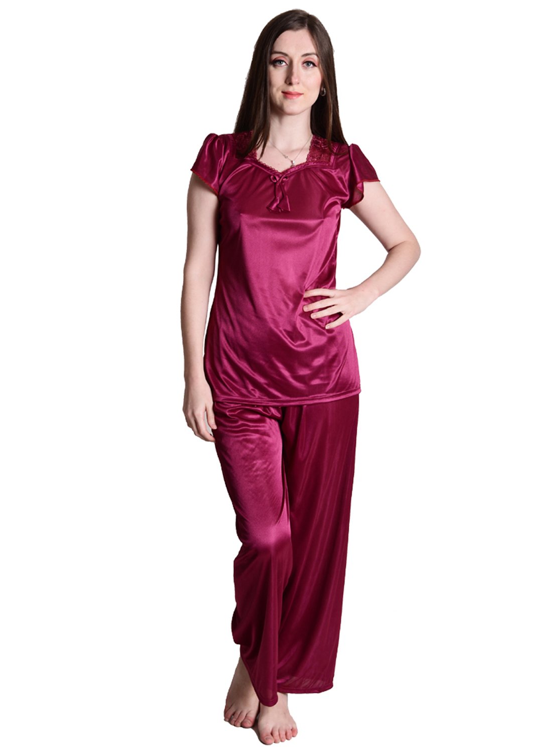 Women's Satin Plain/Solid Night Suit Set (Wine)-image-5