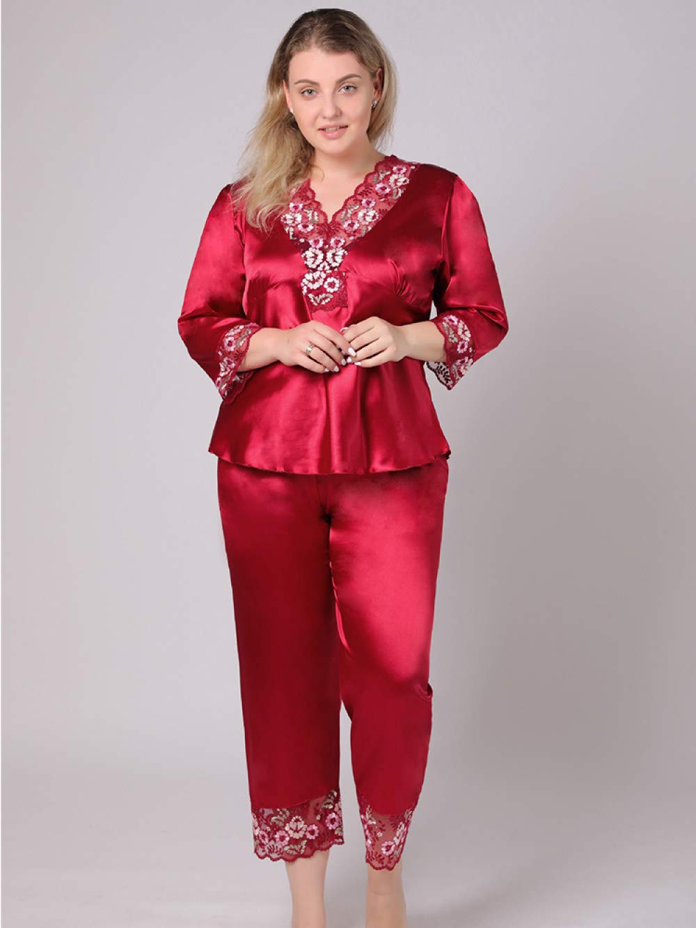 YUHOOE Pijamas De Mujer,Conjunto De 2 Piezas De Pijama De Satén De Seda De Talla Grande con Cuello En V Bordado De Encaje Sedoso Ropa De Dormir De Manga 3/2 Ropa De Dormir Ropa De Casa,Rojo,6XL