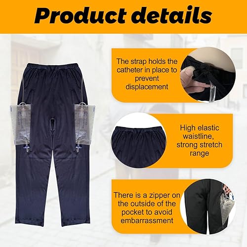 Miniatura 2 de Pantalones con bolsa de orina para ancianos, hombres y mujeres, pantalones para el cuidado de la incontinencia, pantalones con 2 bolsillos Negro