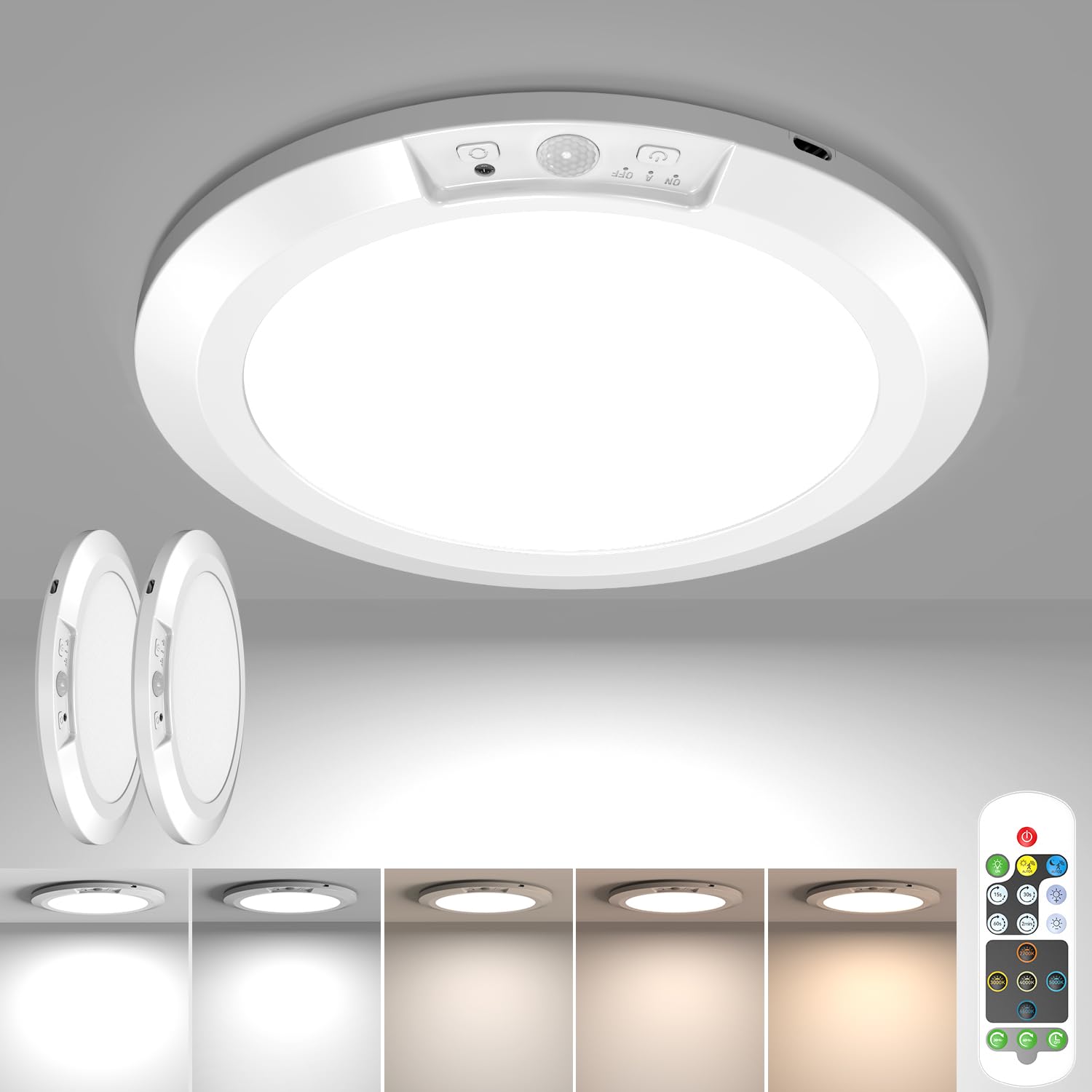 2 Pack Rechargeable Motion Sensor Ceiling Light with Remote Control, Battery Powered Magnetic Closet Lamp 5 Color Temperatures Dimmable Timing Motion Stairs Light for Shower Pantry Porch Garage