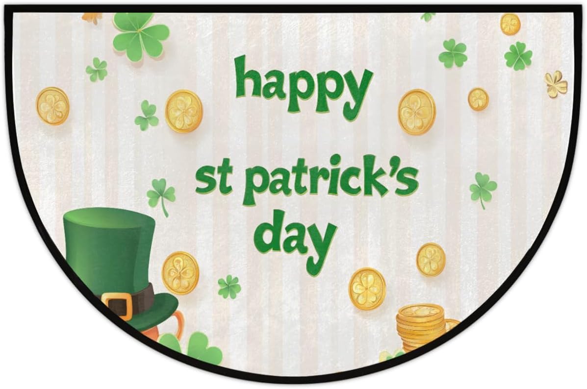Front Door Mat Indoor Outdoor Entrance, St. Patrick's Day Wood Half Round Door Mat Absorbent Non-Slip Backing Welcome Doormat Patio Entryway Low Profile Floor Mats for Kitchen Fireplace 36" x 24"