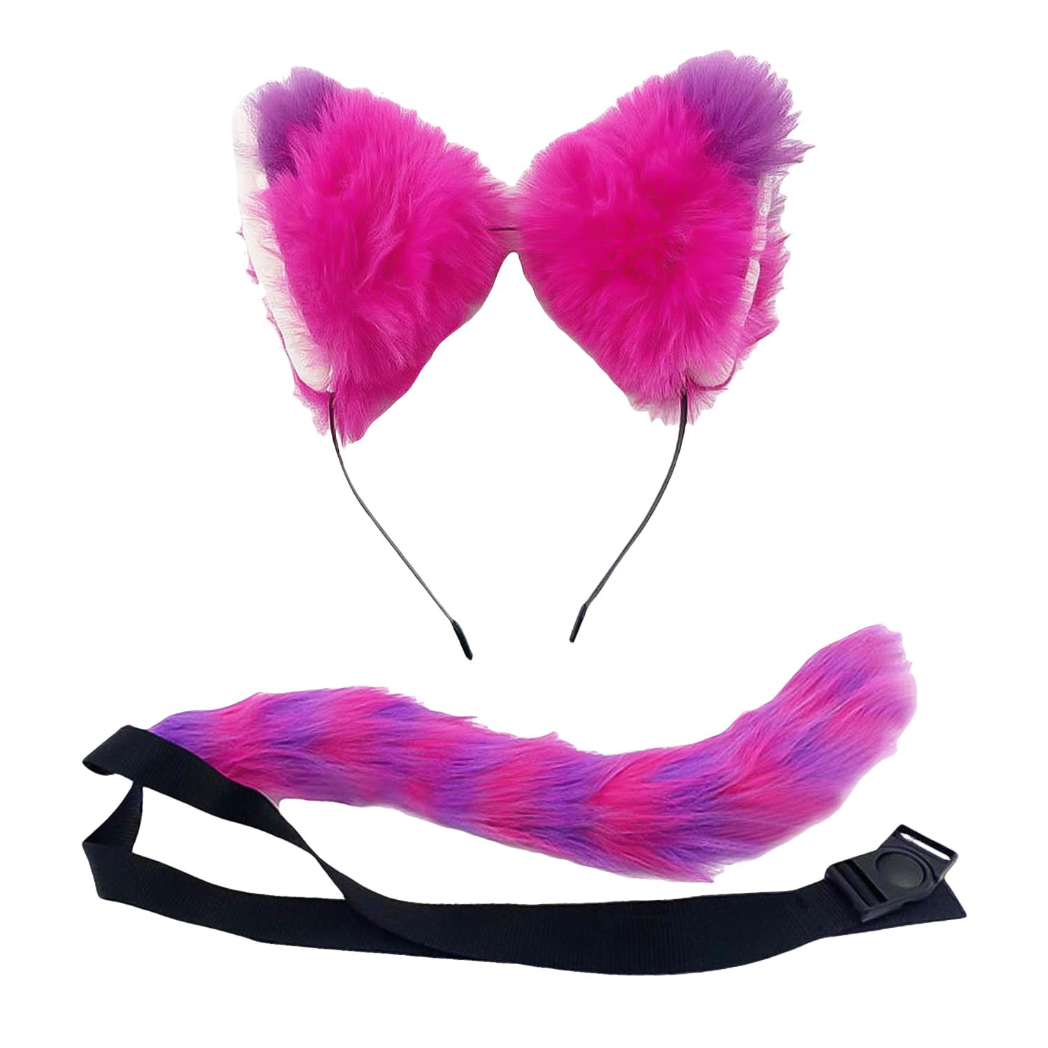 Nereds 2pcs Pink and Purple Striped Cat Costume Cat Ears Hair Headband Furry Tail for Adults Cosplay Party Accessories Supplies