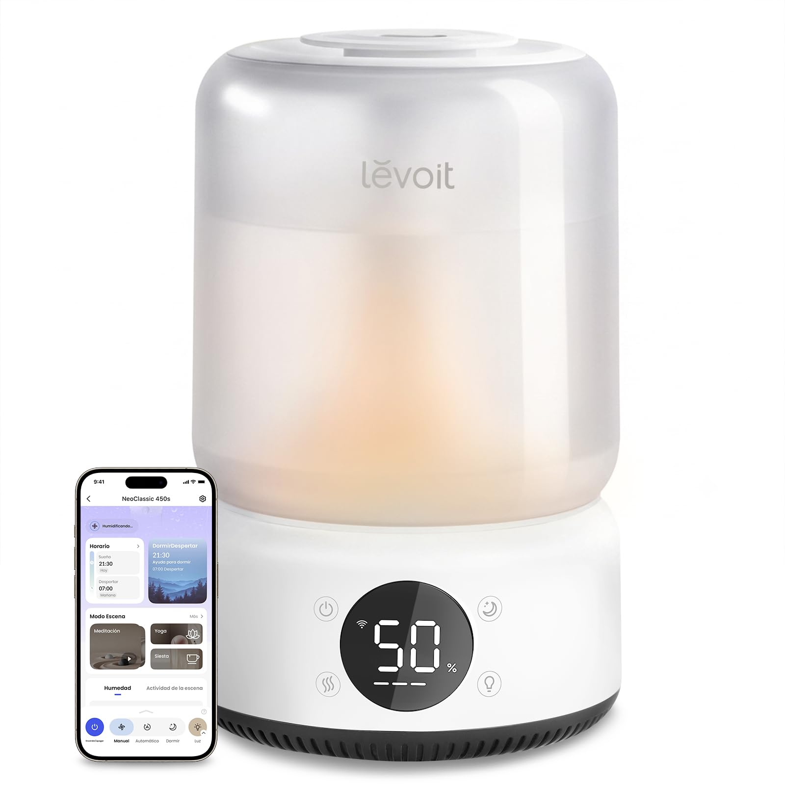 Levoit Humidificador 4,2L hasta 42H, Inteligente, Blanco, NeoClassic 450S | Humidificador Bebés Llenado Superior, Depósito Desmontable, 21dB, Control APP/Voz, Luz y Modo Musical
