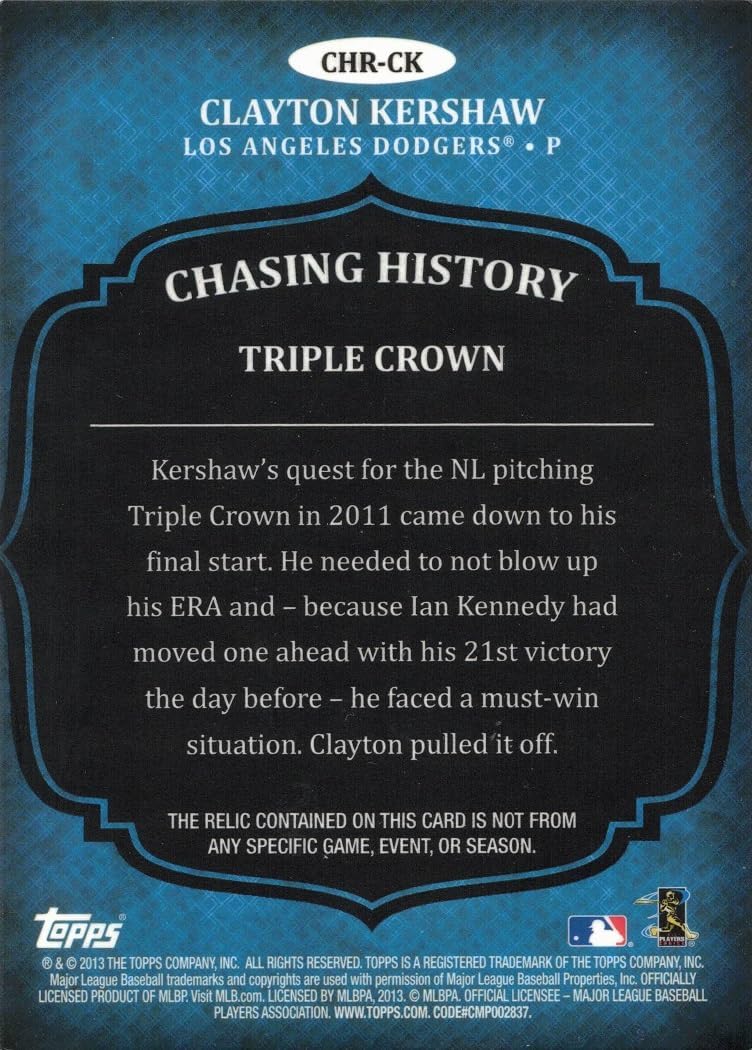 2013 Topps Chasing History Relics #CHR-CK Clayton Kershaw Game Worn Dodgers Jersey Baseball Card