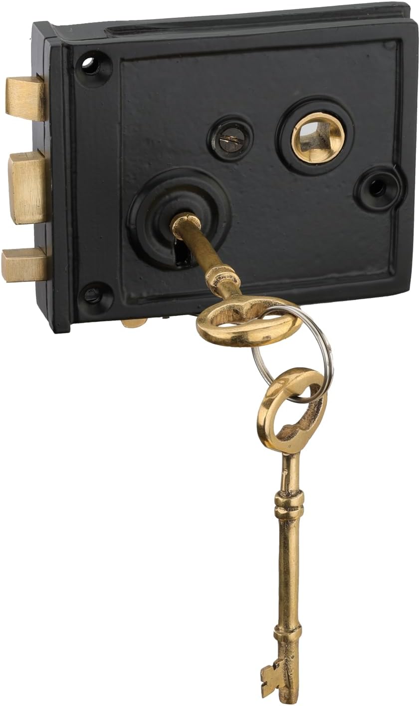 Black Powder Coated Horizontal Iron Rim Lock – Weather Resistant & Durable for Doors, Cabinets, & Cupboards and Sheds, Complete Locking Set with Vintage Style & Secure Operation