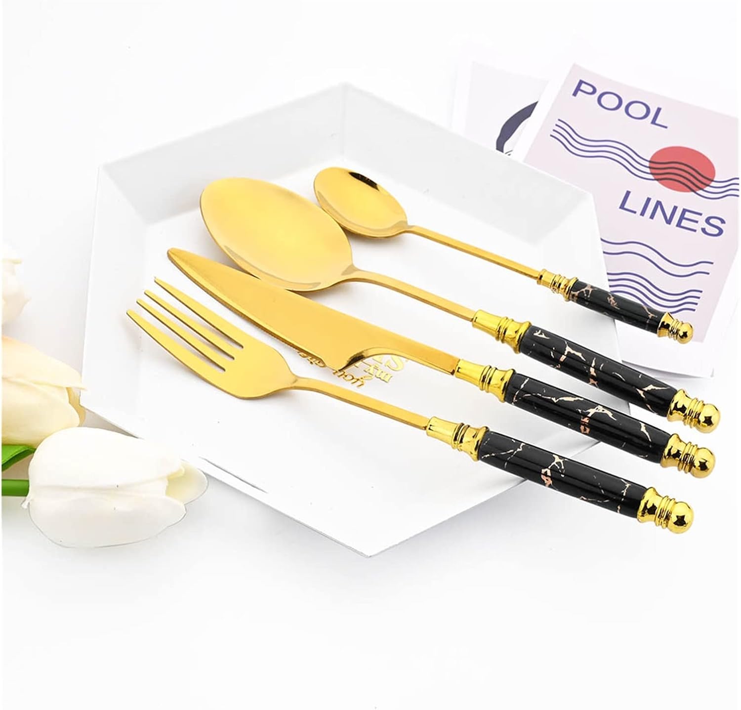 6/24Pcs Stainless Steel Dinnerware Upscale Marble Texture Western Tableware Dinner Fork Spoons Kitchen Flatware Set leisurely (Color : 6Pcs Dinner Spoon-02)