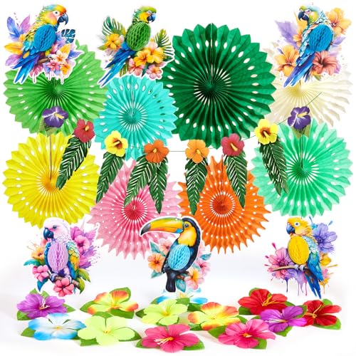 Image of PAPER JAZZ Tropical Toucan Hibiscus Party Decorations, Hawaiian Jungle Theme Supplies, Yellow Pink Hanging Ornaments for Luau Tiki Party