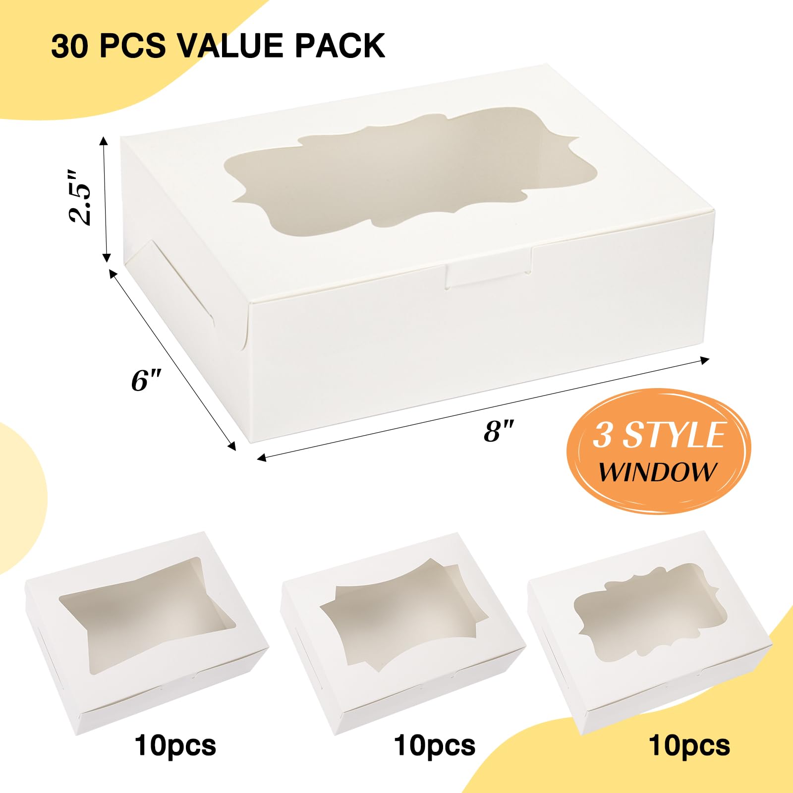 TOMNK Cajas de panadería blancas de 8 x 6 x 2.5 pulgadas con ventana de 3 estilos para dulces, postres, galletas, chocolate, fresas, magdalenas, donas y recuerdos de fiesta, 30 unidades