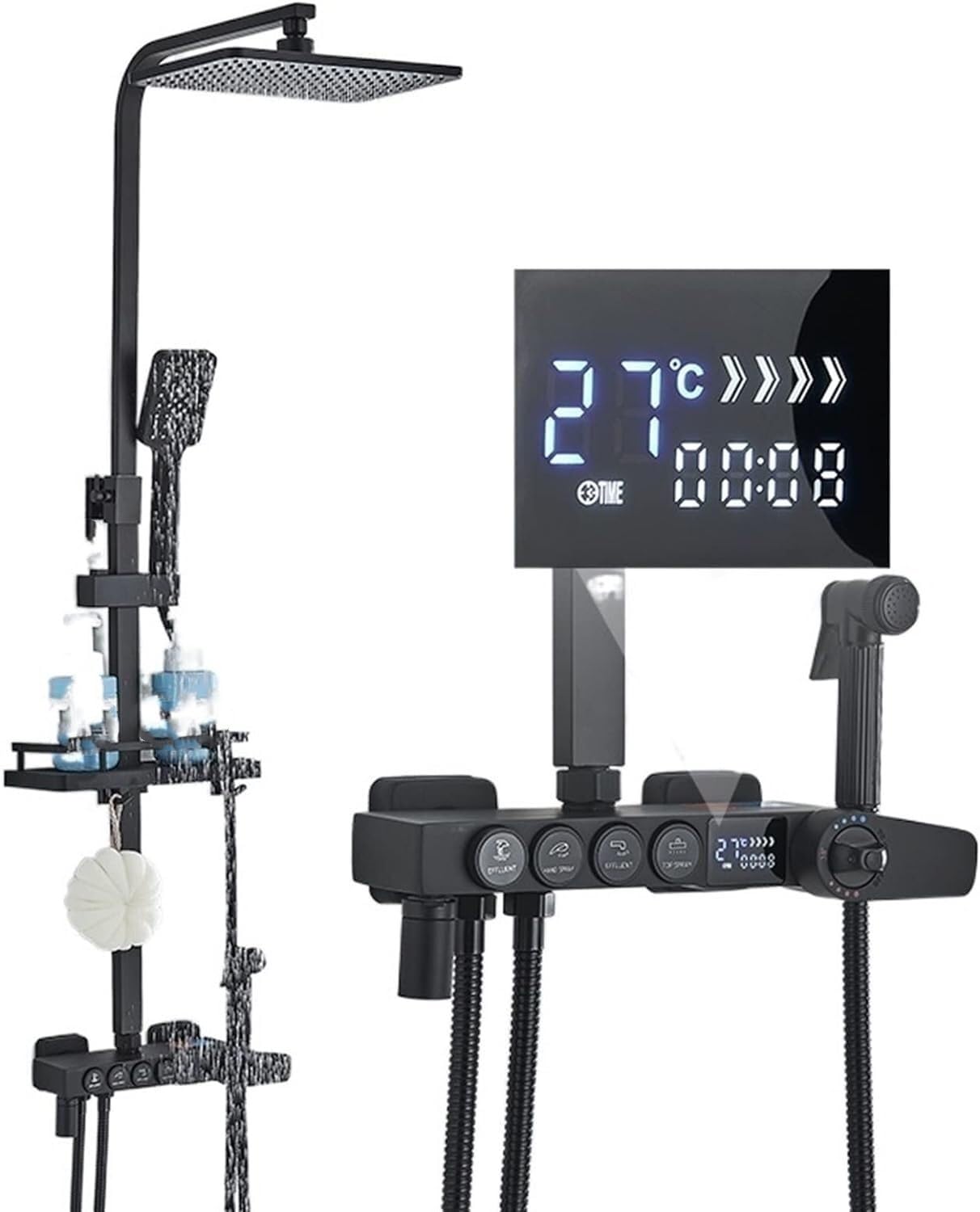 System prysznicowy, system prysznicowy matowy czarny termostatyczny bateria prysznicowa wyświetlacz cyfrowy LCD opady deszczu wanna kran z półką łazienkową zestaw prysznicowy