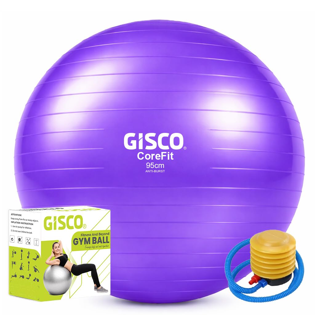 GISCO Anti-Burst Rubber Gym Ball with Free Foot Pump | Round Shape Swiss Ball for Exercise, Workout, Yoga, Pregnancy, Birthing, Balance & Stability (95 cm, Purple)-picture-27