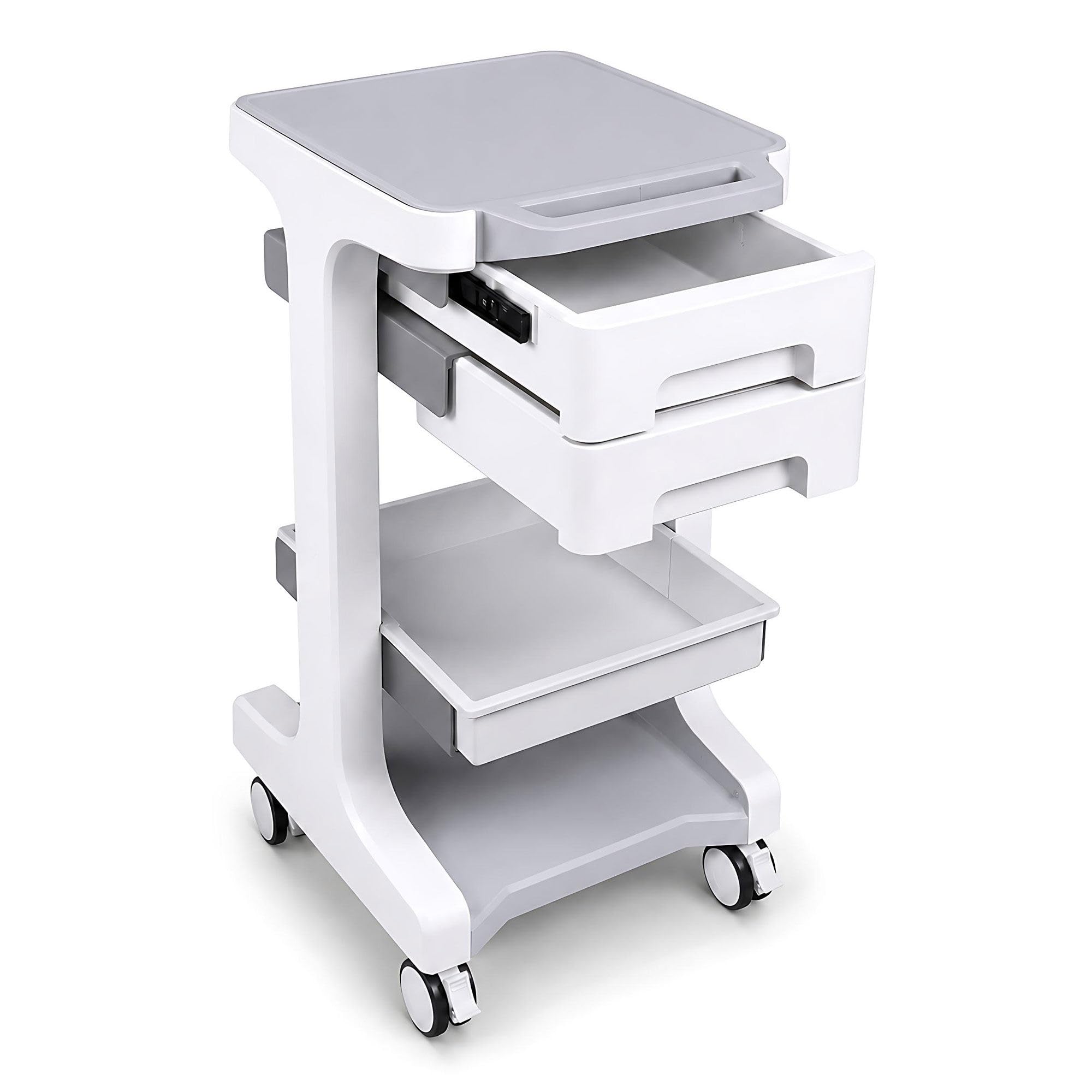 3-poziomowy wózek na kółkach z 2 szufladami i 4 kółkami Grey | na sprzęt medyczny, organizer do makijażu do salonu kosmetycznego, wózek na artykuły medyczne do kliniki, laboratorium