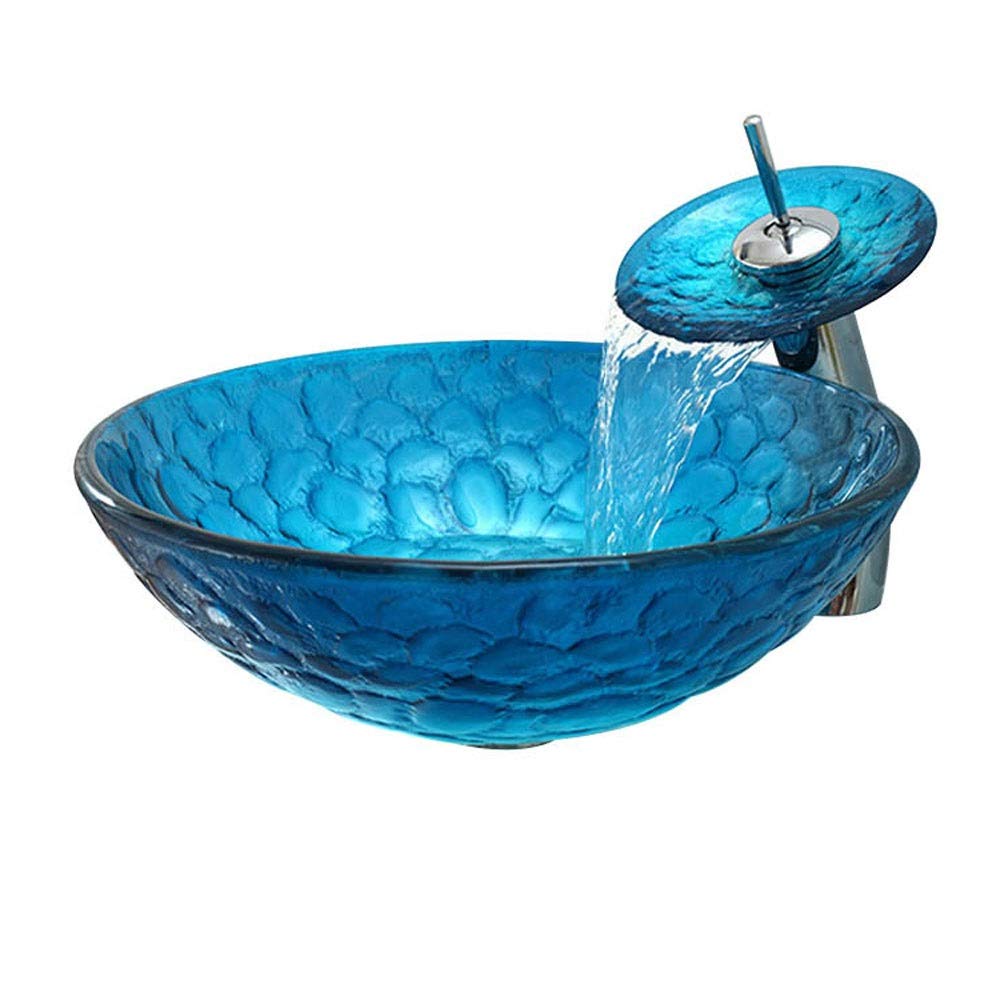 Aioneer 16.53" Artistic Tempered Glass Vessel Sink, Round Shape Blue Above Counter Bathroom Lavatory Bowl, Wash Basin Combo With Waterfall Faucet, Pop-Up Drain Set For Home Hotel