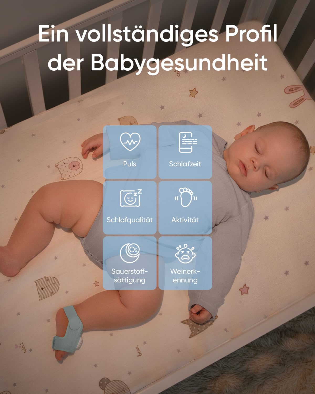 eufy Baby S340 Smart Sock Babyphone, 2,4 GHz WLAN, Überwachung von Schlafmustern, Nickerchen, Puls & Blutsauerstoff, 2K-Kamera, KI-Weinerkennung, Schwenk- & Neigefunktion, Ohne Monatliche Gebühren