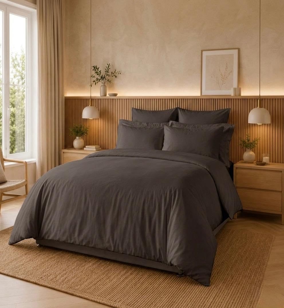Ghazlan Duvet Cover Set Double Size, 200 Thread Count Luxury Ultra Soft Sateen Weave 100% Egyptian Cotton 3 Piece Duvet/Quilt Cover Bed Set, Non-Iron Easycare Grey Bedding Set