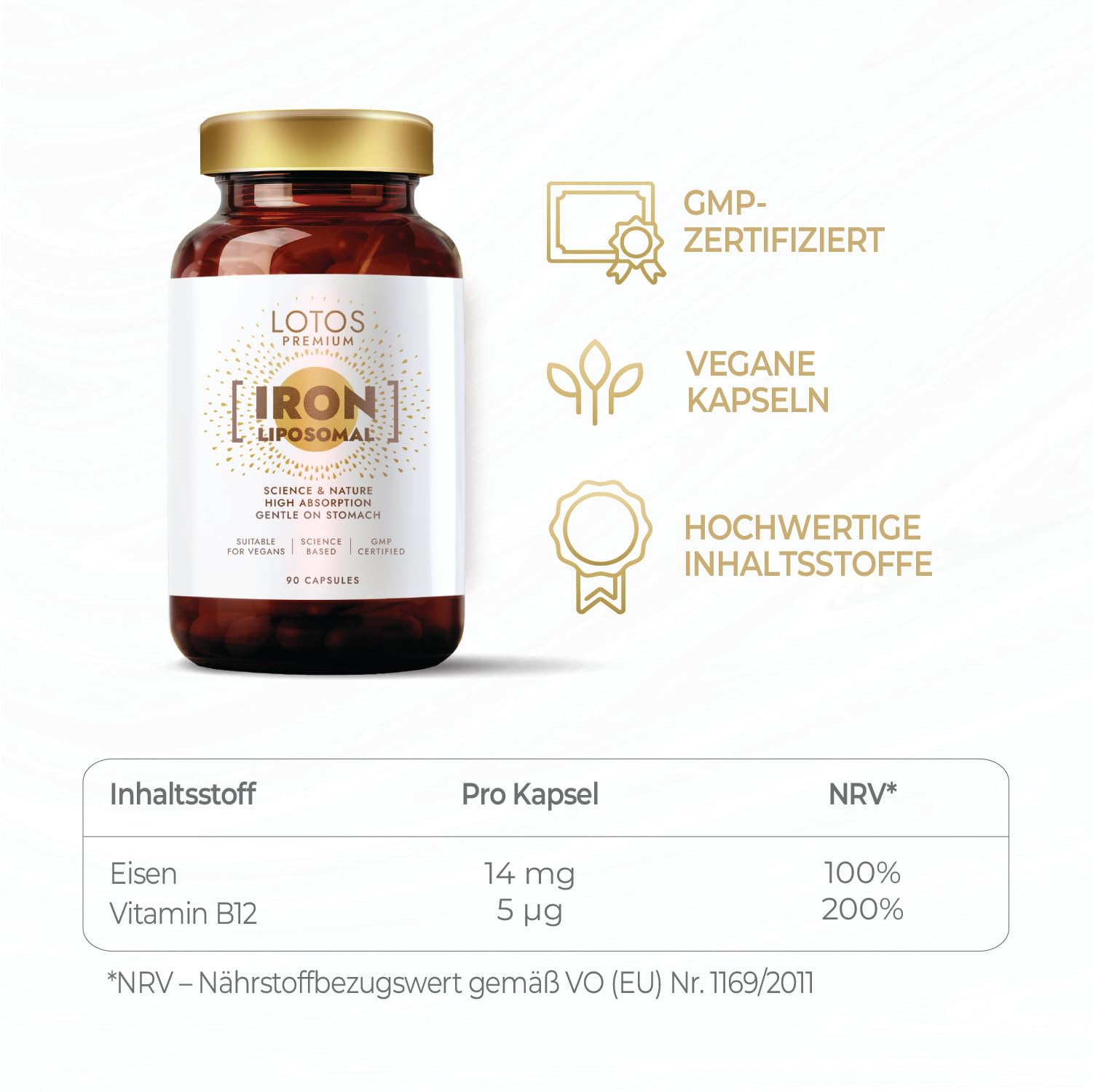 Eisen mit Vitamin B12 - Vegane Eisen - Mit liposomaler Technologie für optimale Vitaminaufnahme - 90 Kapseln 3er Pack - Lotos Premium-Linie, hergestellt nach GMP-Qualitätsstandards