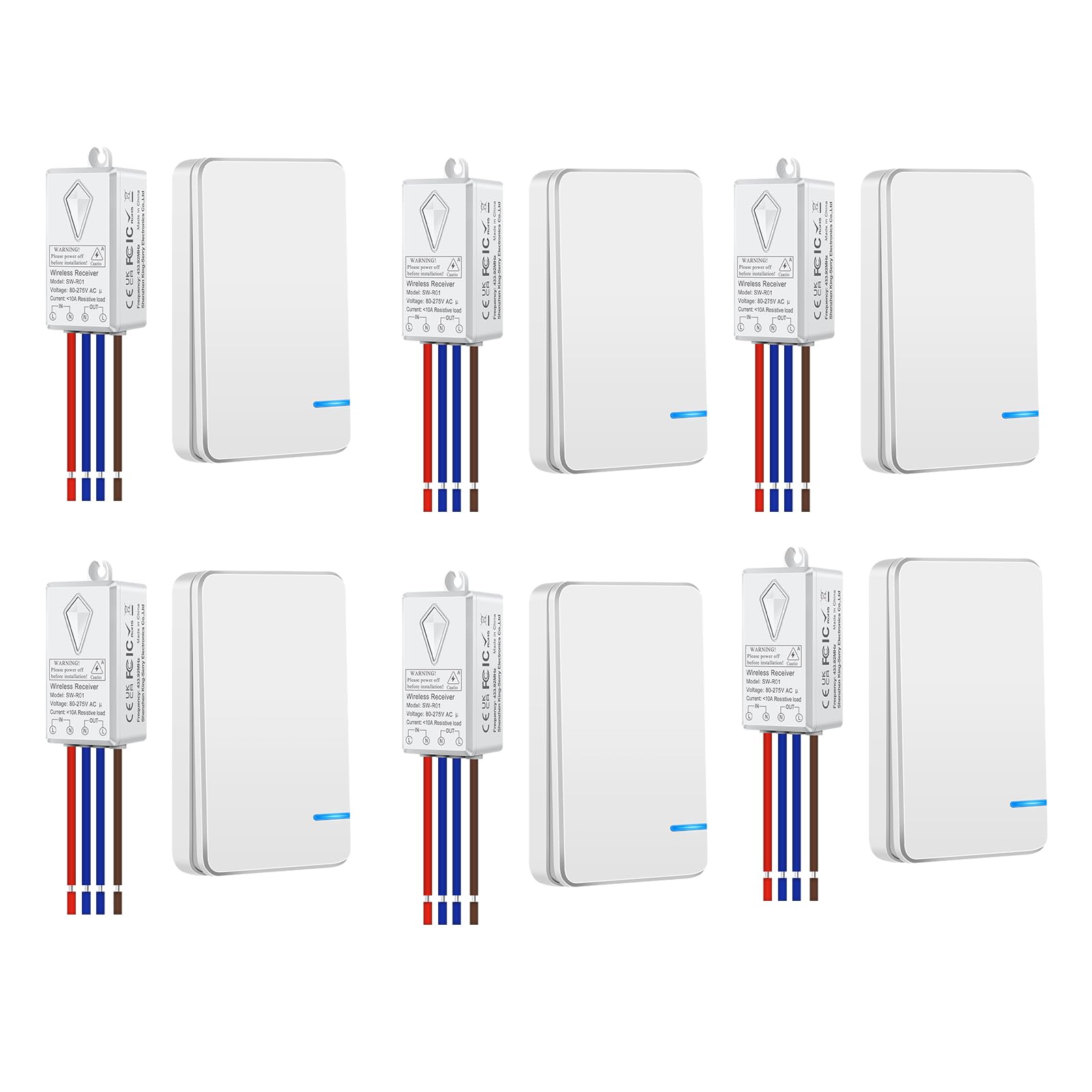 NineLeaf Interrupteur sans Fil, interrupteur mural sans fil, kit mini interrupteur et récepteur sans fil, Télécommande sans Fil pour Les Lumières jusqu'à 1000W, Étanchéité IP65, 6 pièce