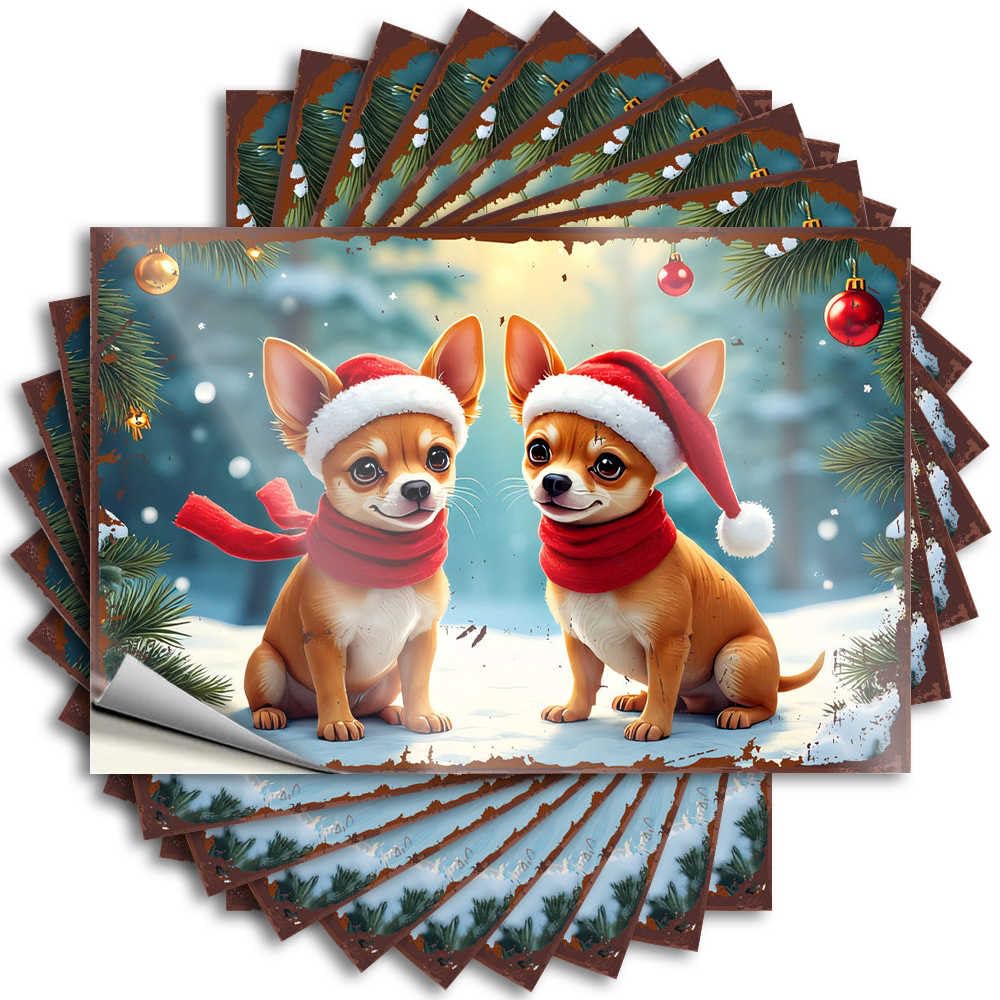 Christmas Puppies in Santa Hats On Snowy Background Tattoos Girly Bathroom Decor Self Adhesive | Books Window Vinyl Sticker Pack for Billiard(12X18CM)