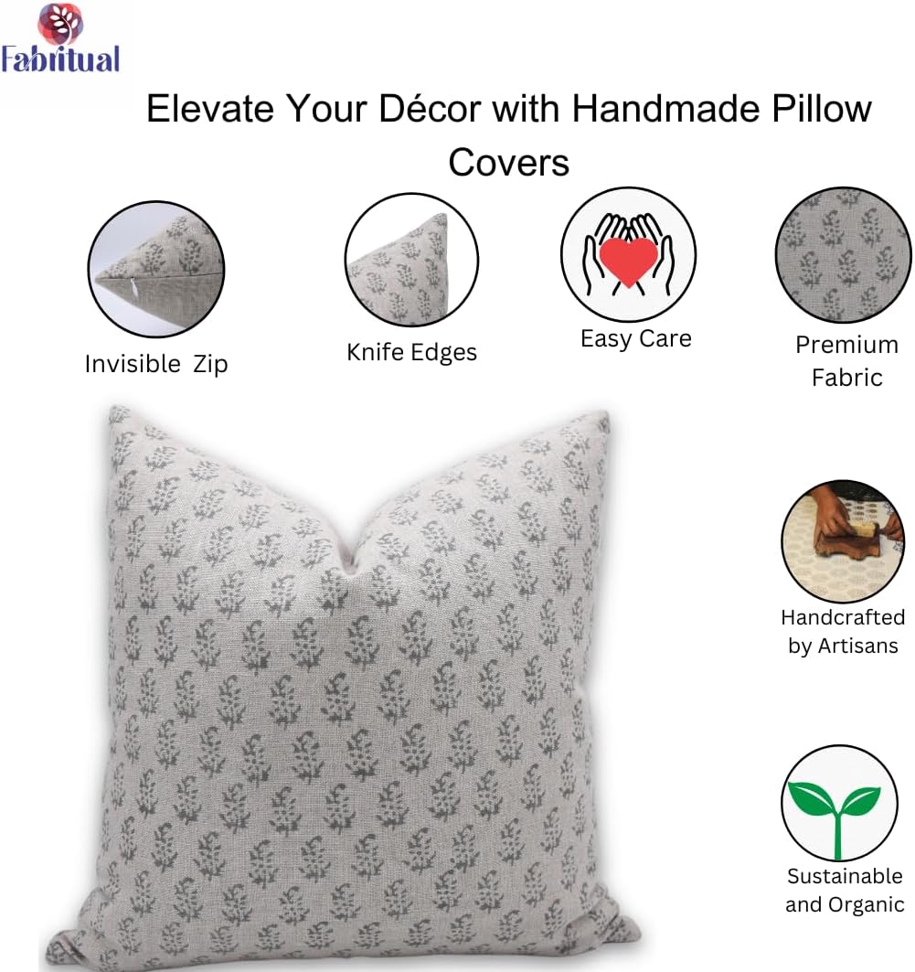 Decorative Handmade Block Print 22X22 Inch Thick Linen Throw Pillowcase Cushion Cover with Zipper for Sofa Couch and Bed, Fall Decoration, Home Décor, Farmhouse, Living Room, Patjhad, Grey