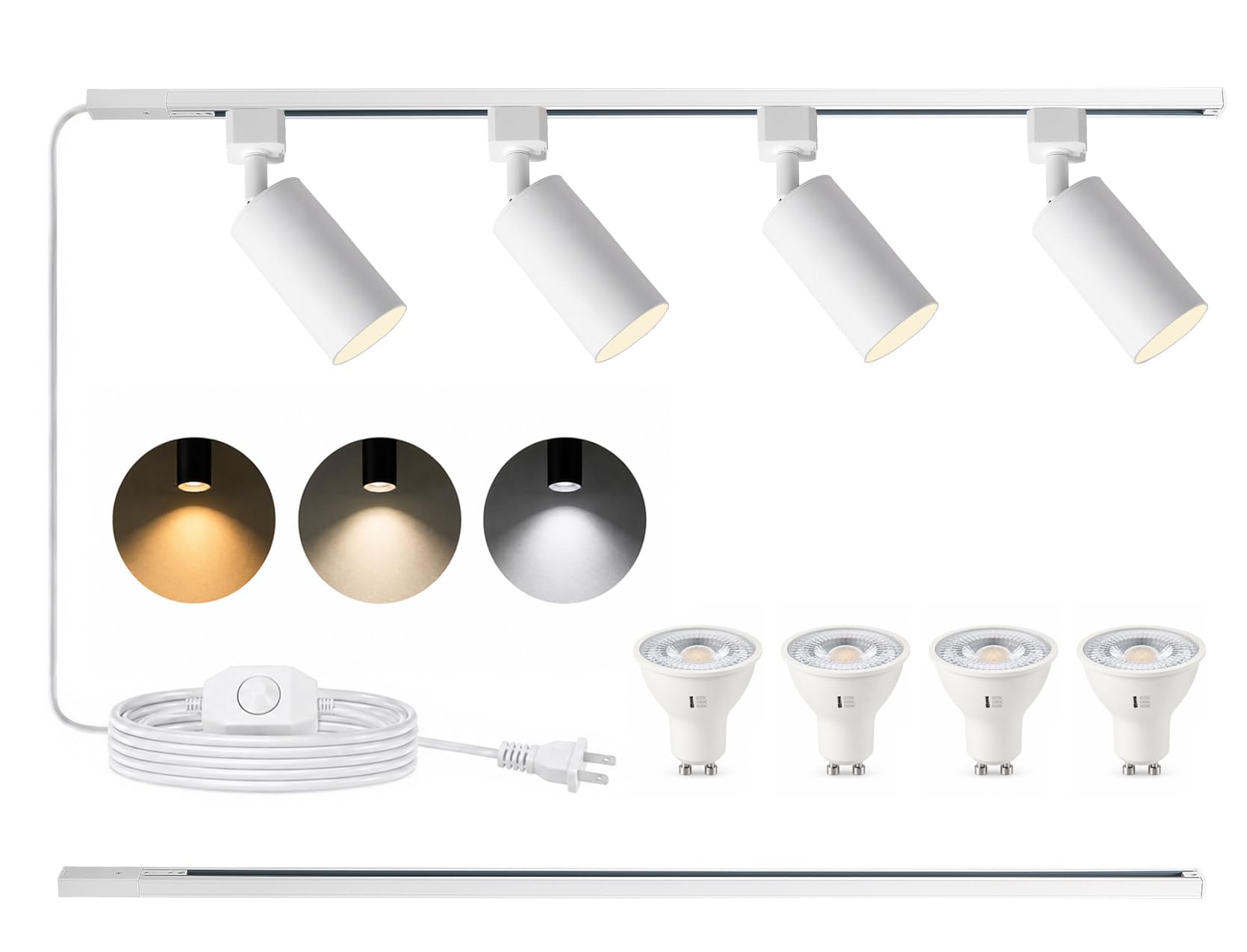 3-Color Plug in Track Lighting Dimmable with Power Cord, 4-Light Track Lighting Kit with 3.3FT H Type Track Lighting Rails, Modern Kitchen LED Track Lighting Fixtures Ceiling Spot Light, White