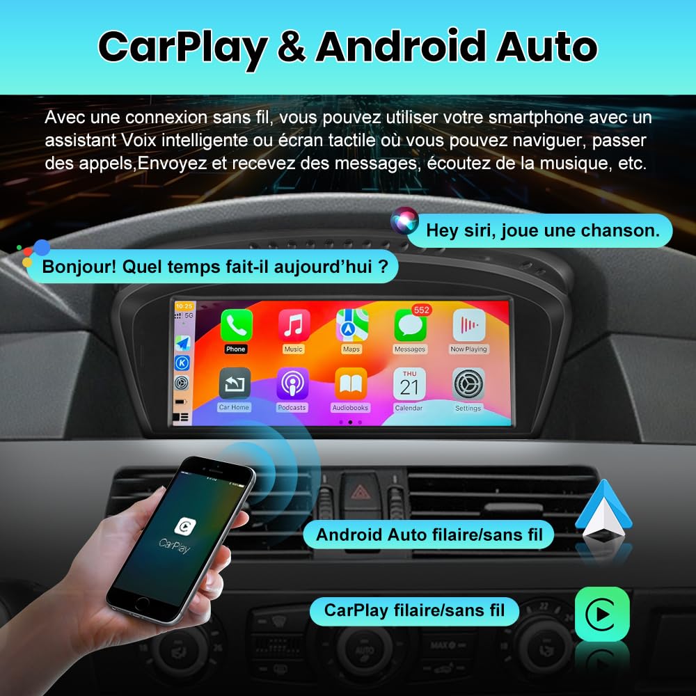 AWESAFE Linux Autoradio écran Tactile de 8,8 Pouces compatibles pour BMW Série 5, E60, E61, E63, E64, Série 3 E90, E91, E92, avec Carplay/Android Auto Bluetooth/USB/CCC système