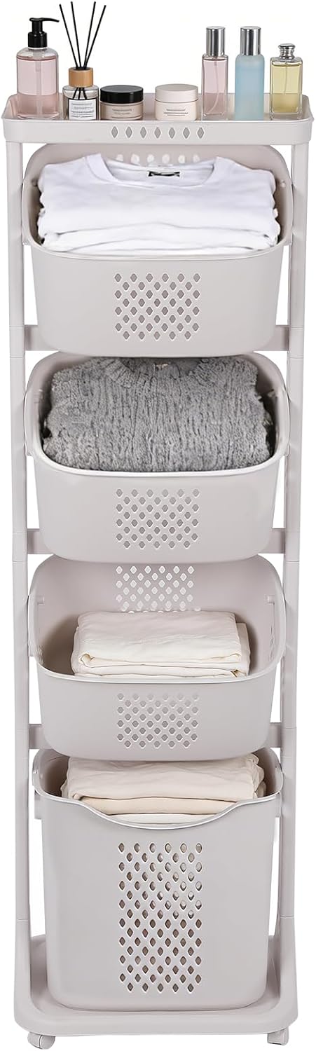 4-Tier Laundry Sorter Cart with Wheels, Large 95L Capacity Hamper Organizer, Rolling Storage with Removable Mesh Bins for Heavy Duty Use in Home, Dorm, Apartment (17.32"x13.1"x54.72")