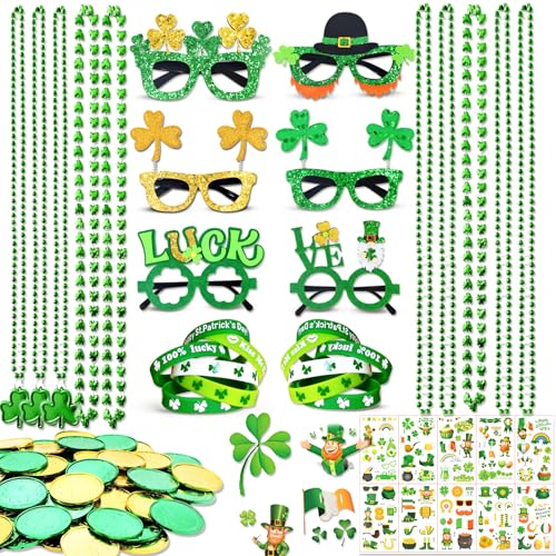 QYRCXX 156Pcs St. Patricks Day Accessories Set, 6.8" Shamrock Glasses, 34" Bead Necklaces, Rubber Bracelets, Lucky Coins and Tattoos, Irish Party Favors Decorations Supplies for Parade (156 pcs)