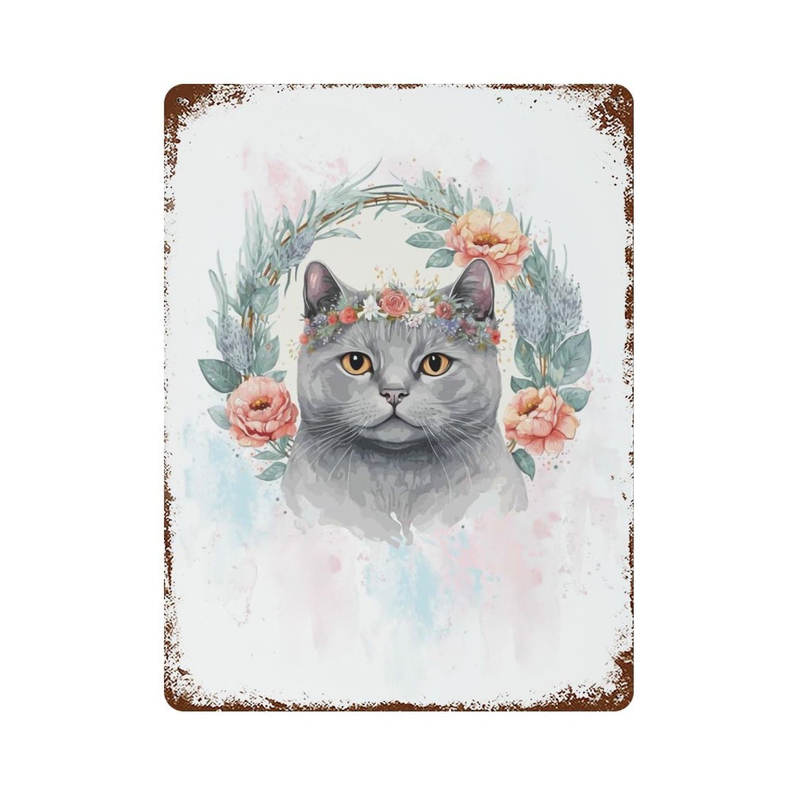 British Shorthair Cat Art 15.7"x11.8" Vintage Rust Metal Sign, Novelty Wall Decor for Living Room, Hallway And Home Decor