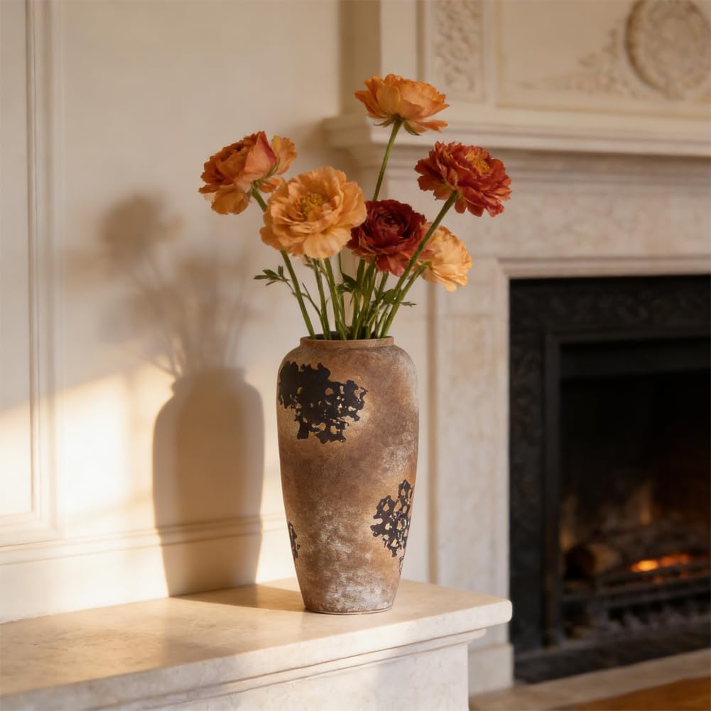 Large Rustic Vase 12.6in, Brown Rustic Ceramic Vase Home Decor, Large Brown Vase for Tall Flowers, Farmhouse Vases for Centerpieces, Decorative Vases for Home Decor