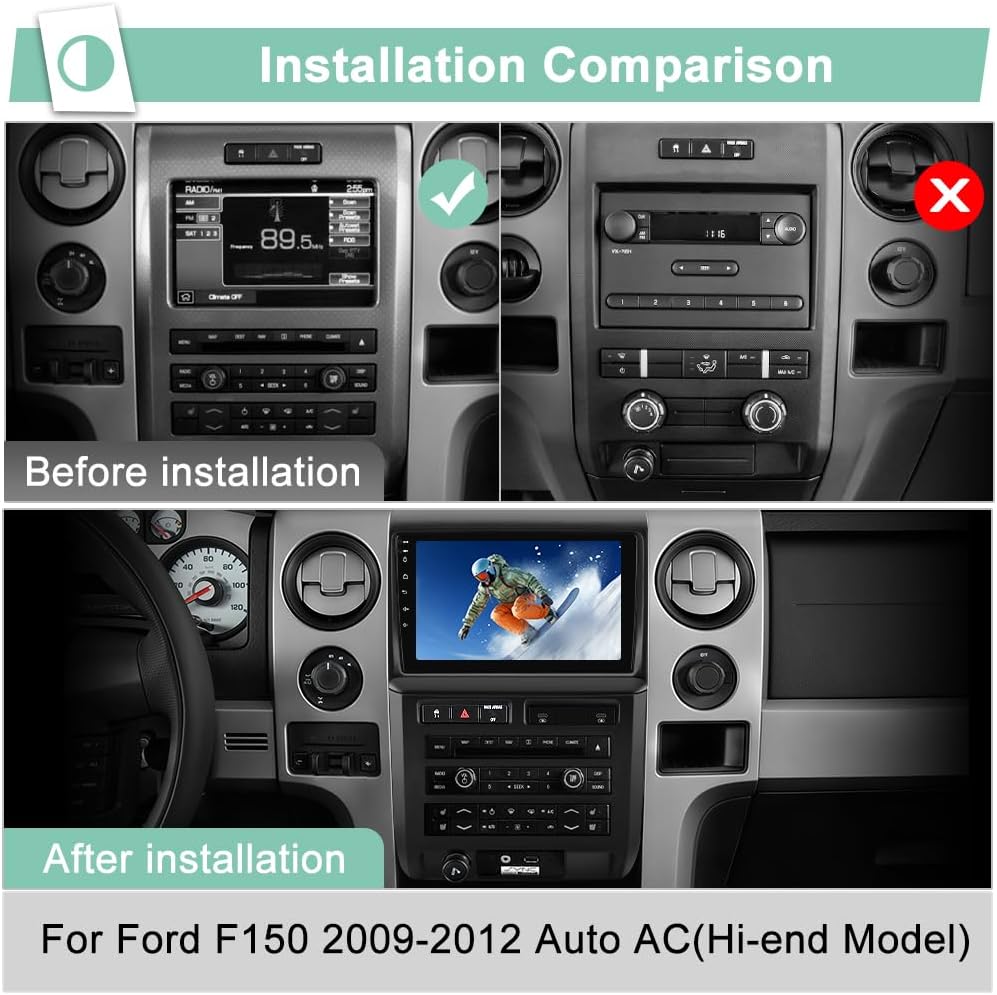 2GB+64GB Radio Upgrade for Ford F150 2009-2012 (Auto AC High end) with 9-inch HD Touch Screen,Wireless CarPlay/Android Auto WiFi, SWC, FM, AM