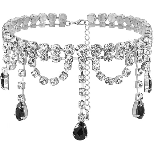 Navoky Rhinestone Choker Black Big Crystal Necklace Silver Neck Chain Tassel Party Jewelry for Women(A)