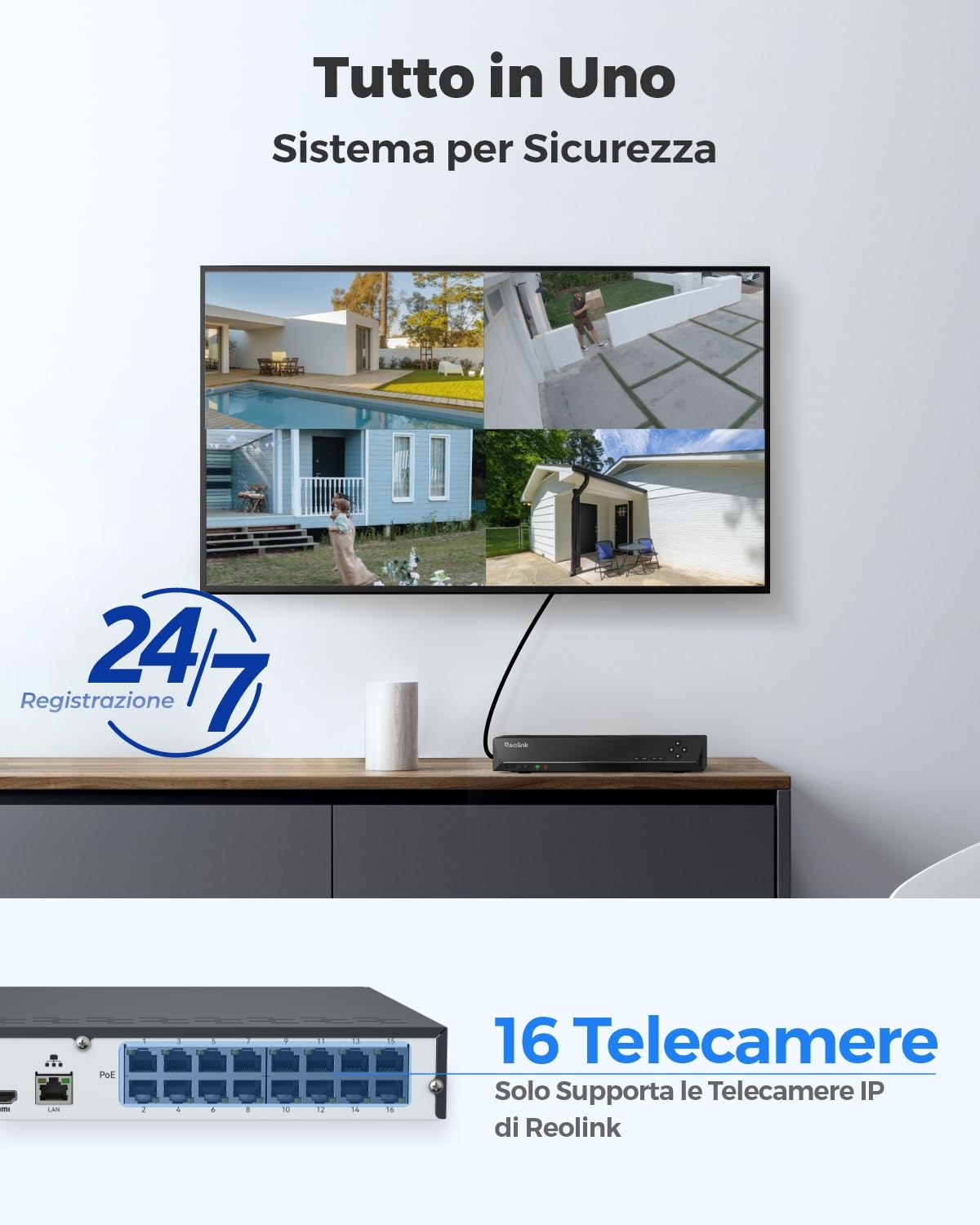 Reolink NVR PoE 16 Canali con 4TB HDD, Videoregistratore Cablato Supporta 16MP/12MP/4K/5MP/4MP, Accesso Locale e Remoto, Capacità Espandibile a 16TB, Videosorveglianza Registrazione 24/7, RLN16-410
