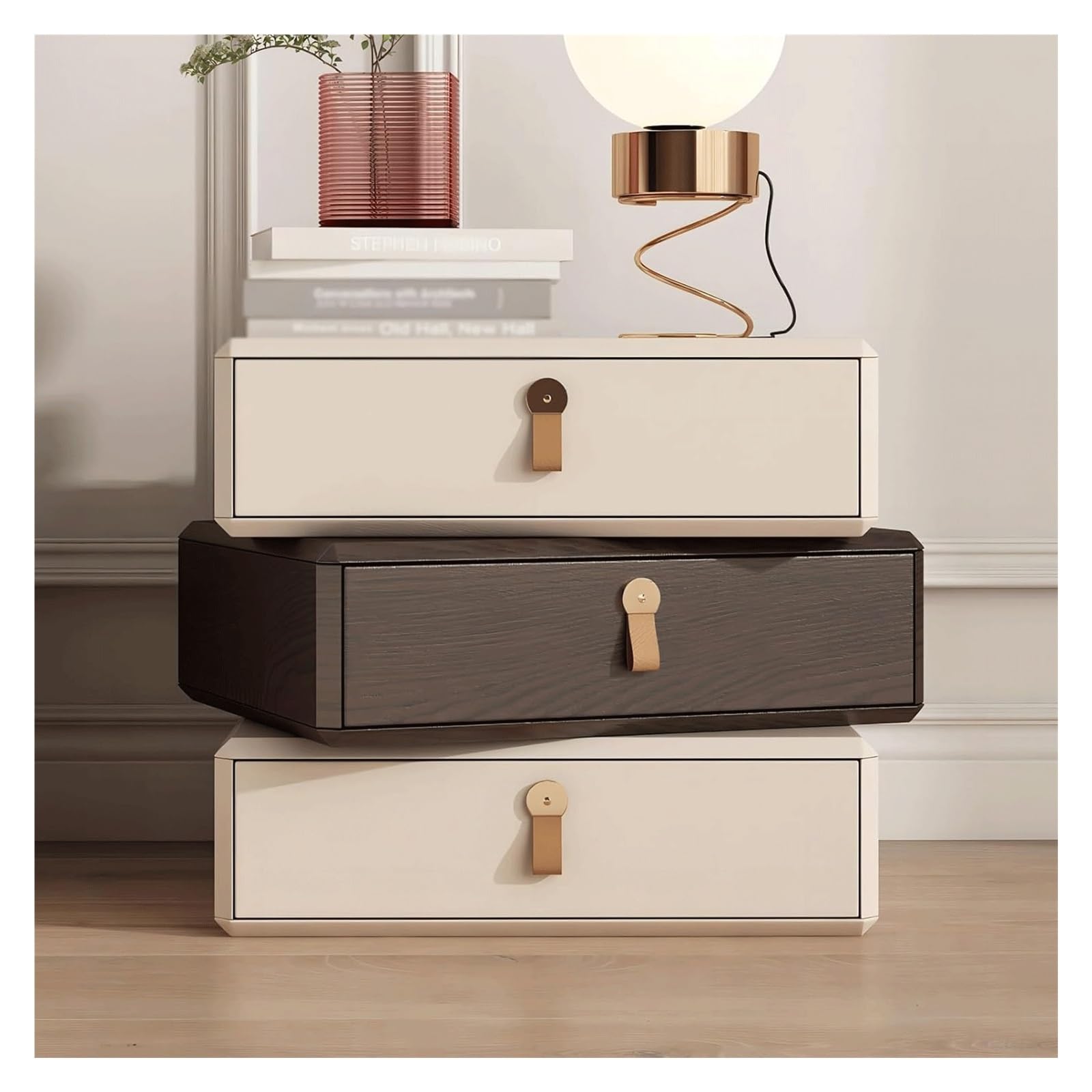 SXZenSpace Rotatable Nightstand Small Wood Bedside Cabinet Creative Table Metal 2-Tier Accent for Bedroom Living Room Side Table(Beige)