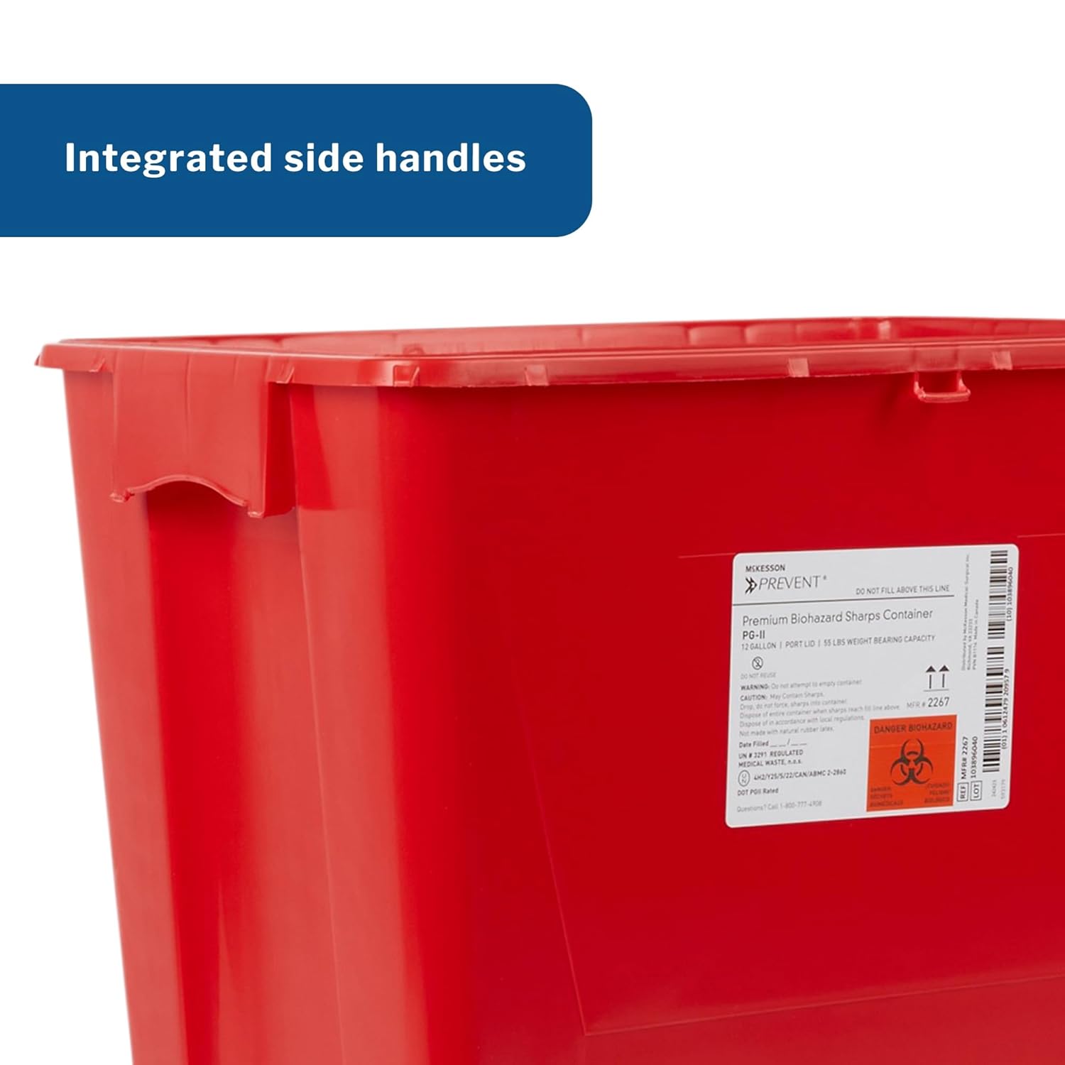 McKesson Prevent Biohazard Sharps Container, Premium - PG-II, Plastic, Vertical Entry, Rotating Lid - Red, 12 gal, 13 in x 17 3/10 in x 20 4/5 in, 8 Count