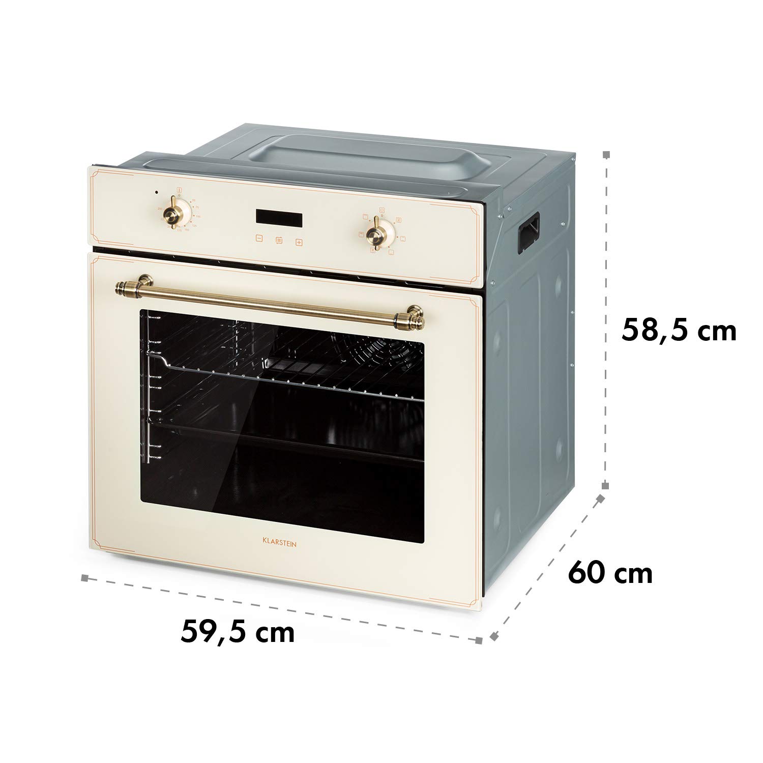 KLARSTEIN Elizabeth - Four électrique encastrable, style rétro, 70L, CEE A, indépendant, convection/chaleur voûte/sole/gril, 2200W, 50-250 °C, bouton rotatif et poignée aspect laiton - crème