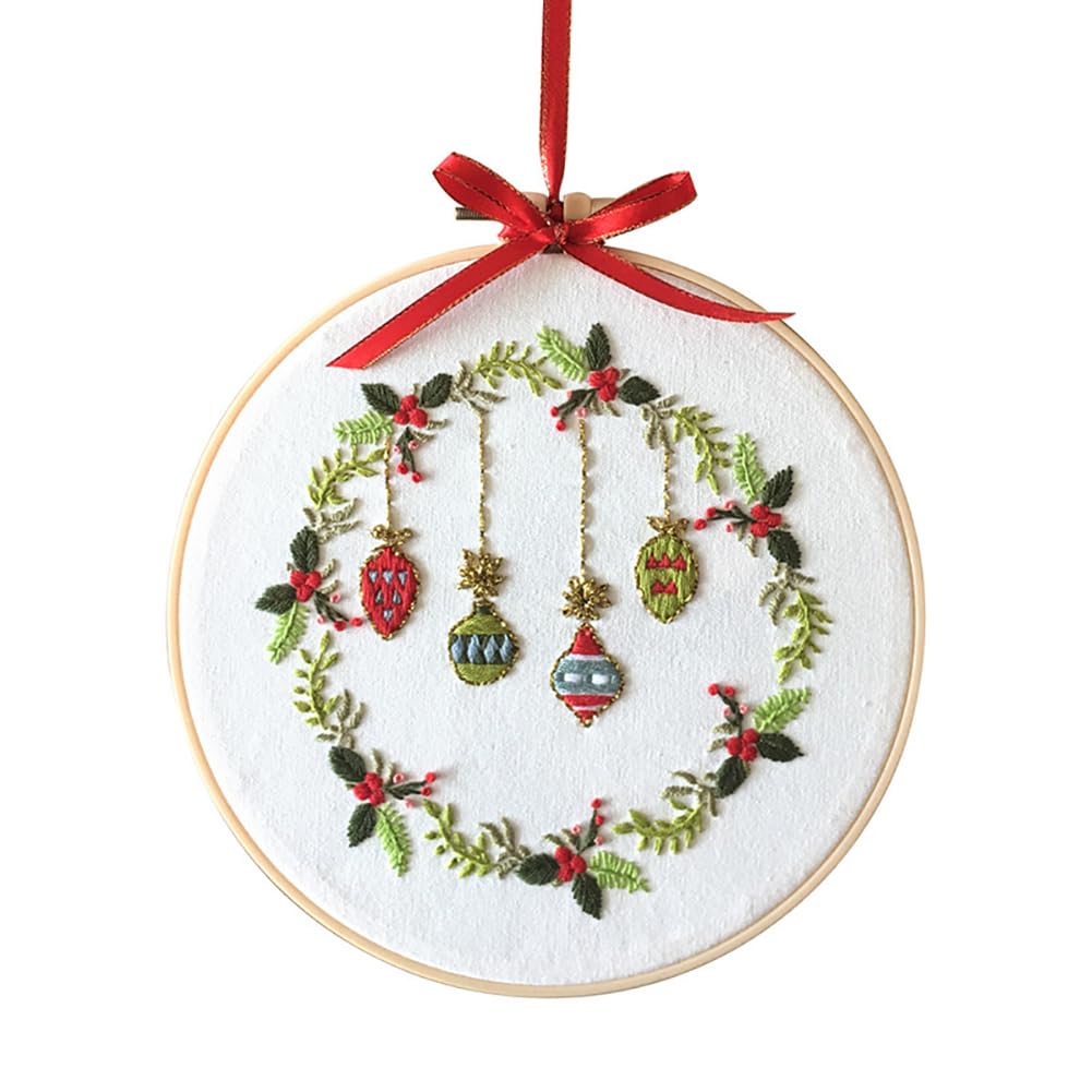 YEESAM ART Embroidery Starter Kit with Christmas Wreath Patterns, Full Set DIY Embroidery Cross Stitch Kits for Adults Beginners Needlework Sewing